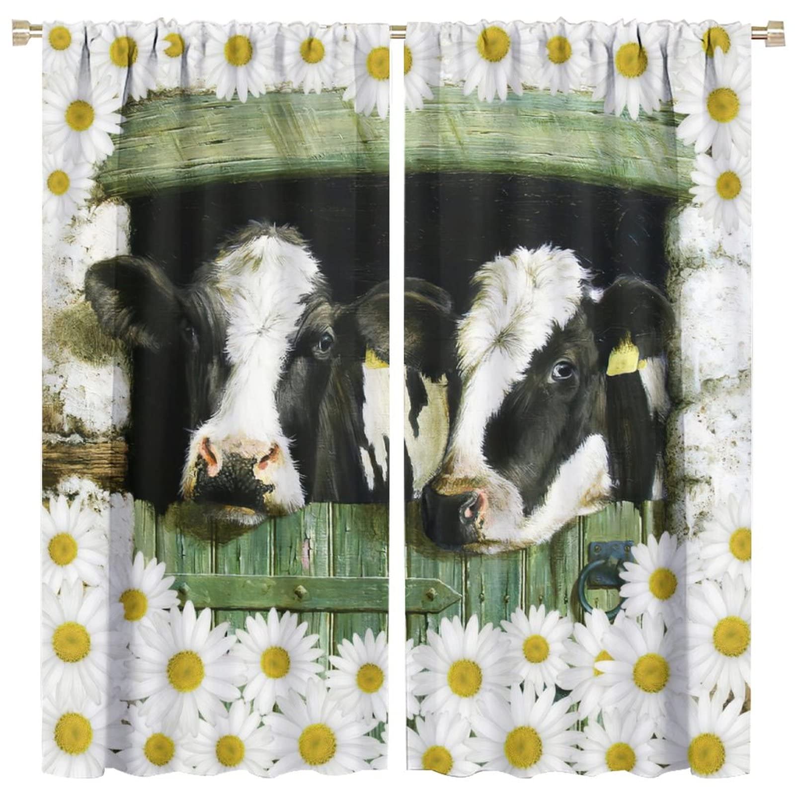 JESTRONRY Cow Kitchen Curtains,Rustic Barn Door Daisy Flower Rustic Wooden Farmhouse Animal Thermal Drapes Window Treatments for Living Room Bedroom W84xL84in