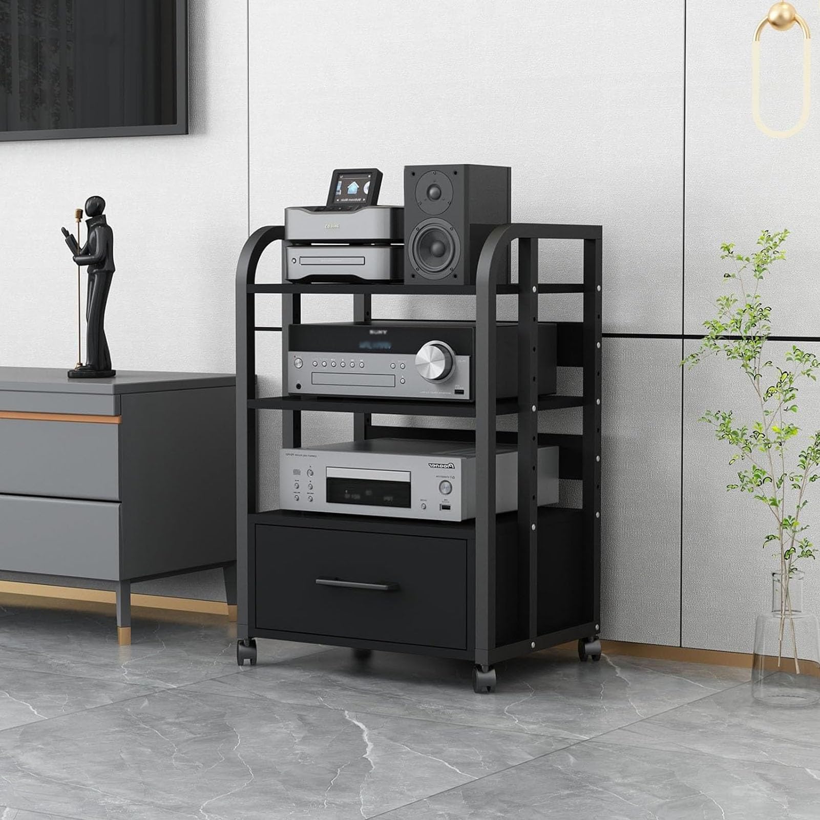 3/4/5 Tier AV Audio-Video Media Stand with Adjustable Shelves, Home Stereo System Entertainment Components Cabinet for Gaming, Meeting, Living, Recording Room, Black(With Drawers-3 Tier 50X40X79CM)