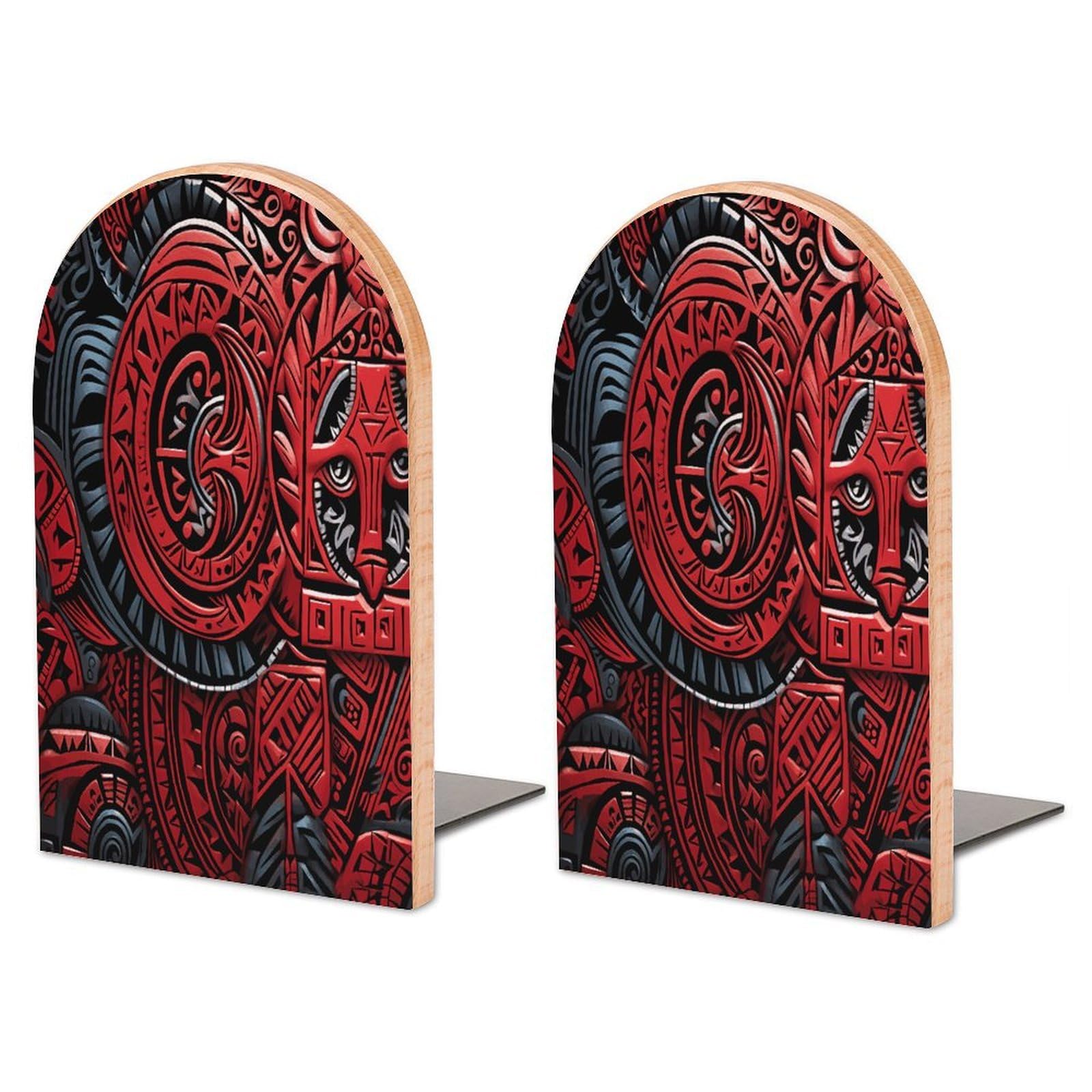 Red Tribal Pattern Wood Bookend for Shelves 1 Pair