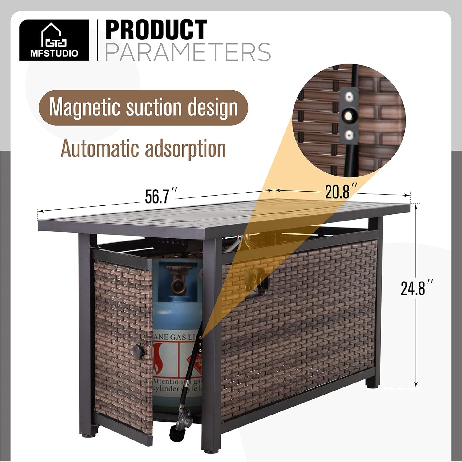 MFSTUDIO 56 Inch PE Rattan Gas Fire Pit Table,50000 BTU Rectangular Outdoor Propane Fire Pit Table with Waterproof Cover and Blue Stone for Patio Courtyard Balcony,Brown