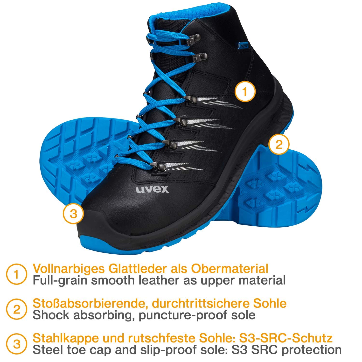 Uvex 2 Trend – skórzane buty robocze S3 dla kobiet i m??czyzn – ze stalowym noskiem, niebieski - niebiesko-czarny - 41 EU