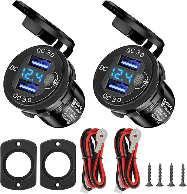 2Pcs USB Car Charger Socket 12V, 36W Quick Charge 3.0 Dual USB Charger Power Outlet Panel Fast Charge Adapter with Switch LED Voltmeter for Vehicles Boat Motorcycle SUV RV Truck Caravan, Blue