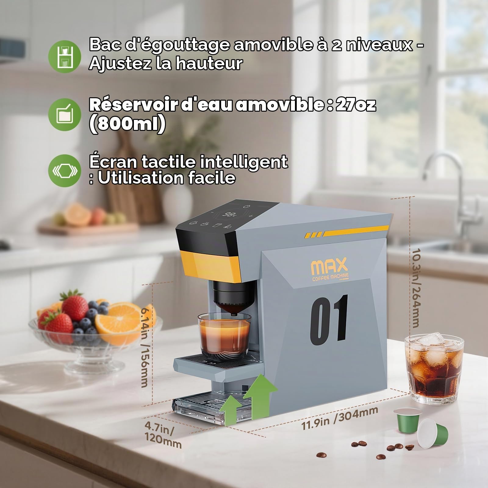 Cafetière 4 en 1, machine à café espresso 19 bars pour capsules KCup/Nespresso OriginalLine/Dolce Gusto/Café moulu, gris nuageux