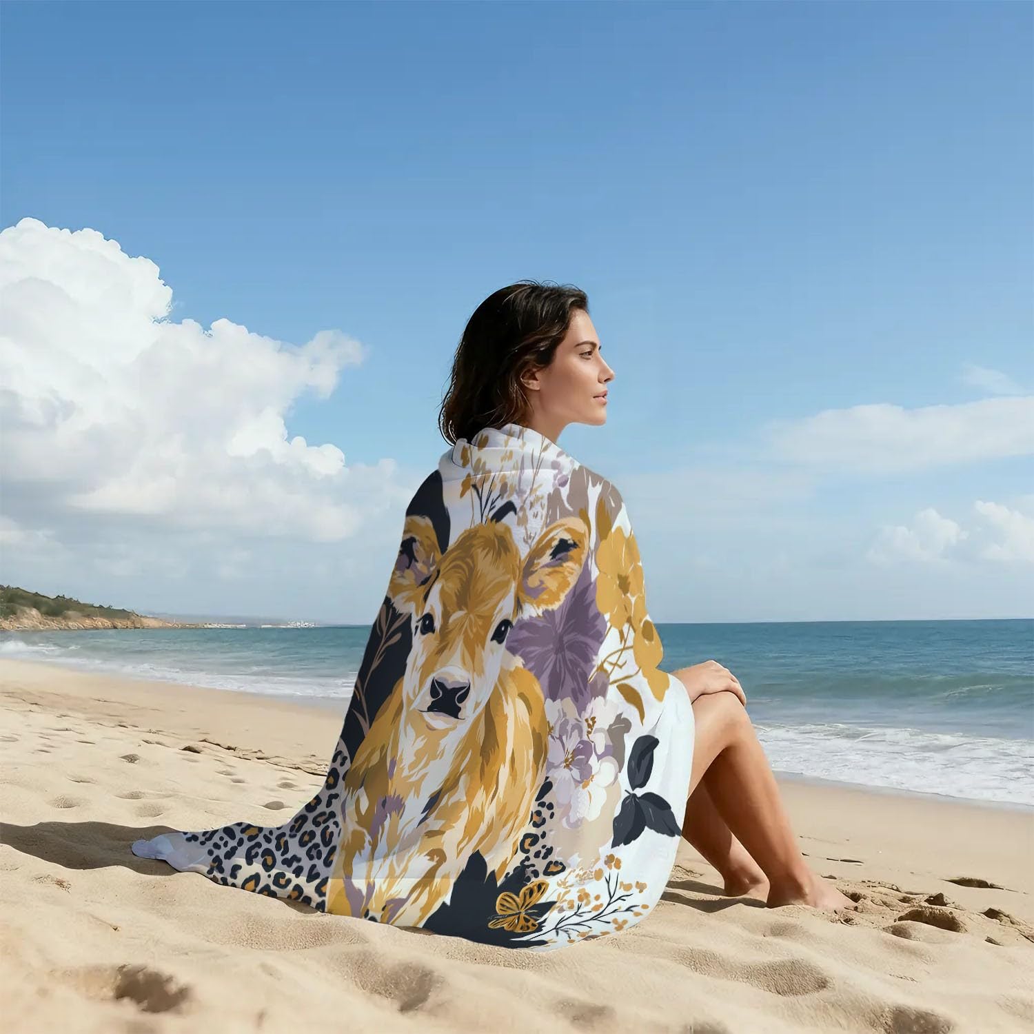 Générique Grande Serviette de Plage 230 x 210 CM,Drap de Plage Microfibre,Couverture de Plage Absorbante Rapide pour Patchwork, Avant-Garde, Mignon Veau, Fleurs, Papillons, Imprimé Léopard
