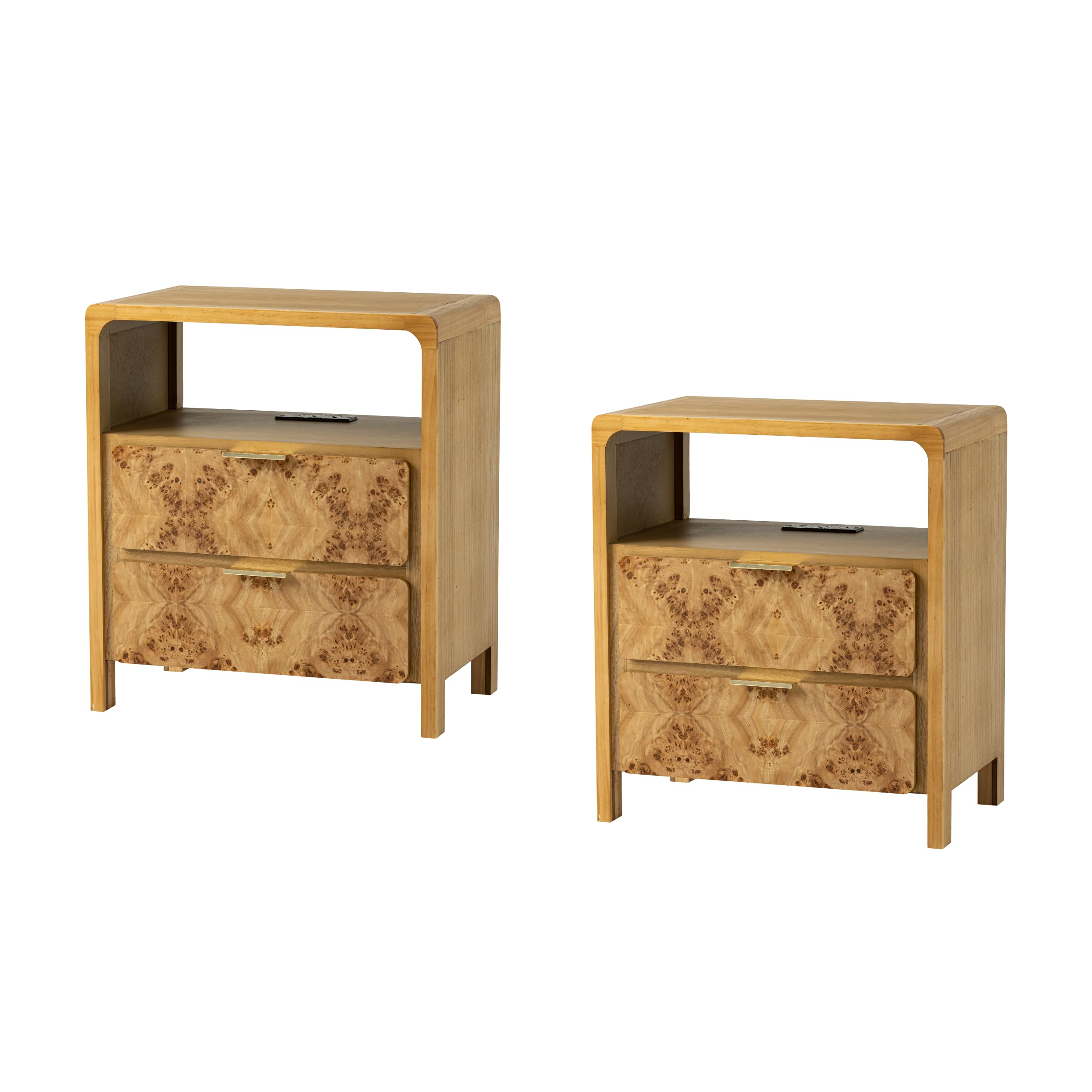 COZAYH Set of 2 Farmhouse 2 Drawer Nightstand with Charging Station, Side Table with Power Outlet, USB and Type-C Ports, Burl Wood Finish, Natural