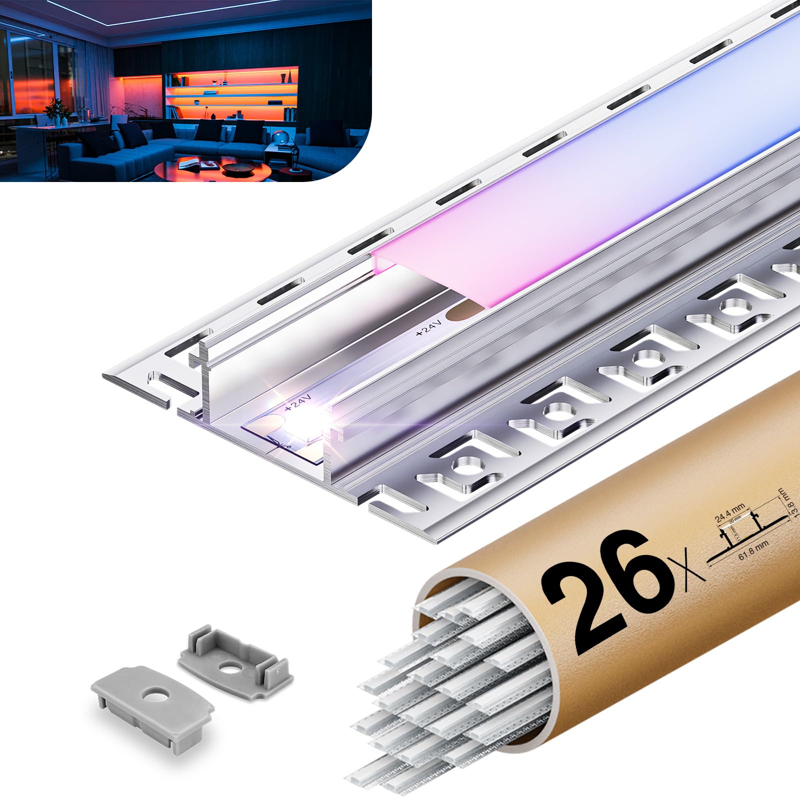 26 profili in alluminio a LED, 2 m, senza fresatura, facile da montare, guida LED, filo di superficie per strisce LED fino a 20 mm, con diffusore di luce in PC e tappi terminali, adatto per soffitto