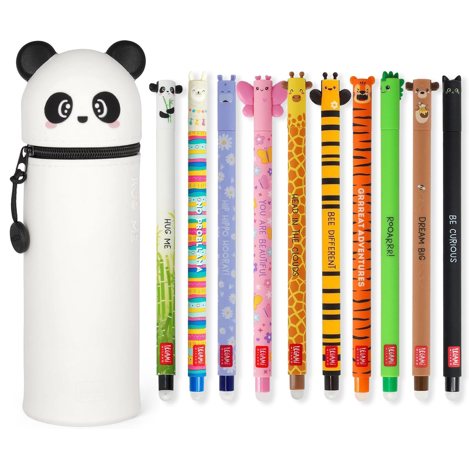 Legami - Juego de 10 bolígrafos de gel borrables + estuche Panda 2 en 1, con tinta de borrado termosensible, de tinta y diseños de barril, punta de 0,7 mm, juego de 2