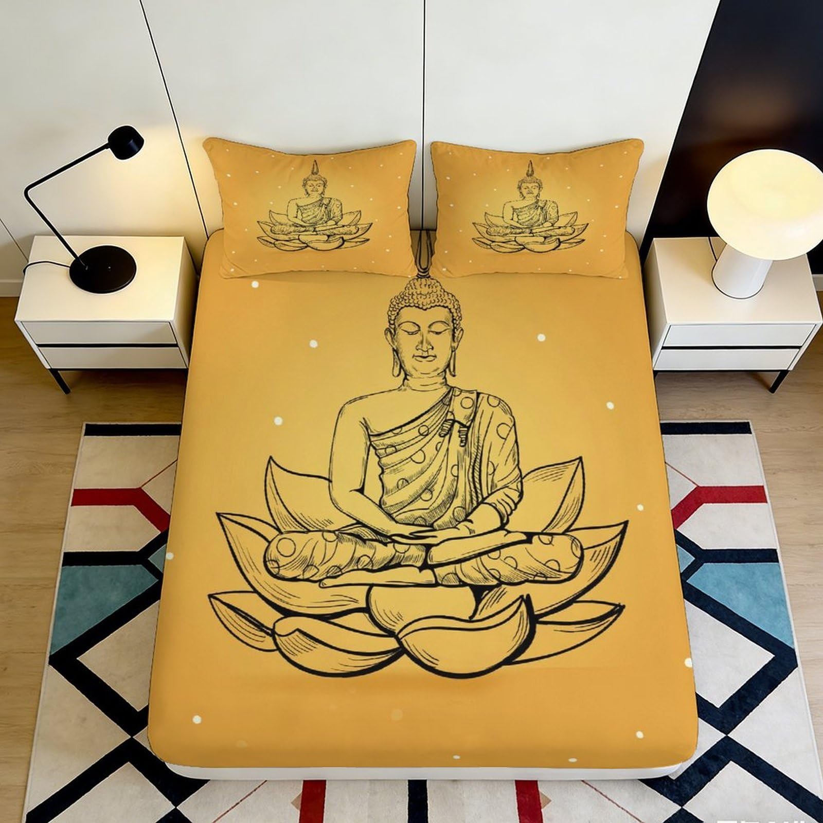 3D Printed Buddha Lotus Fitted Sheet Microfiber Yellow Bed Cover Non-slip Easy Care for Bedroom Guest Room 140x200x25cm