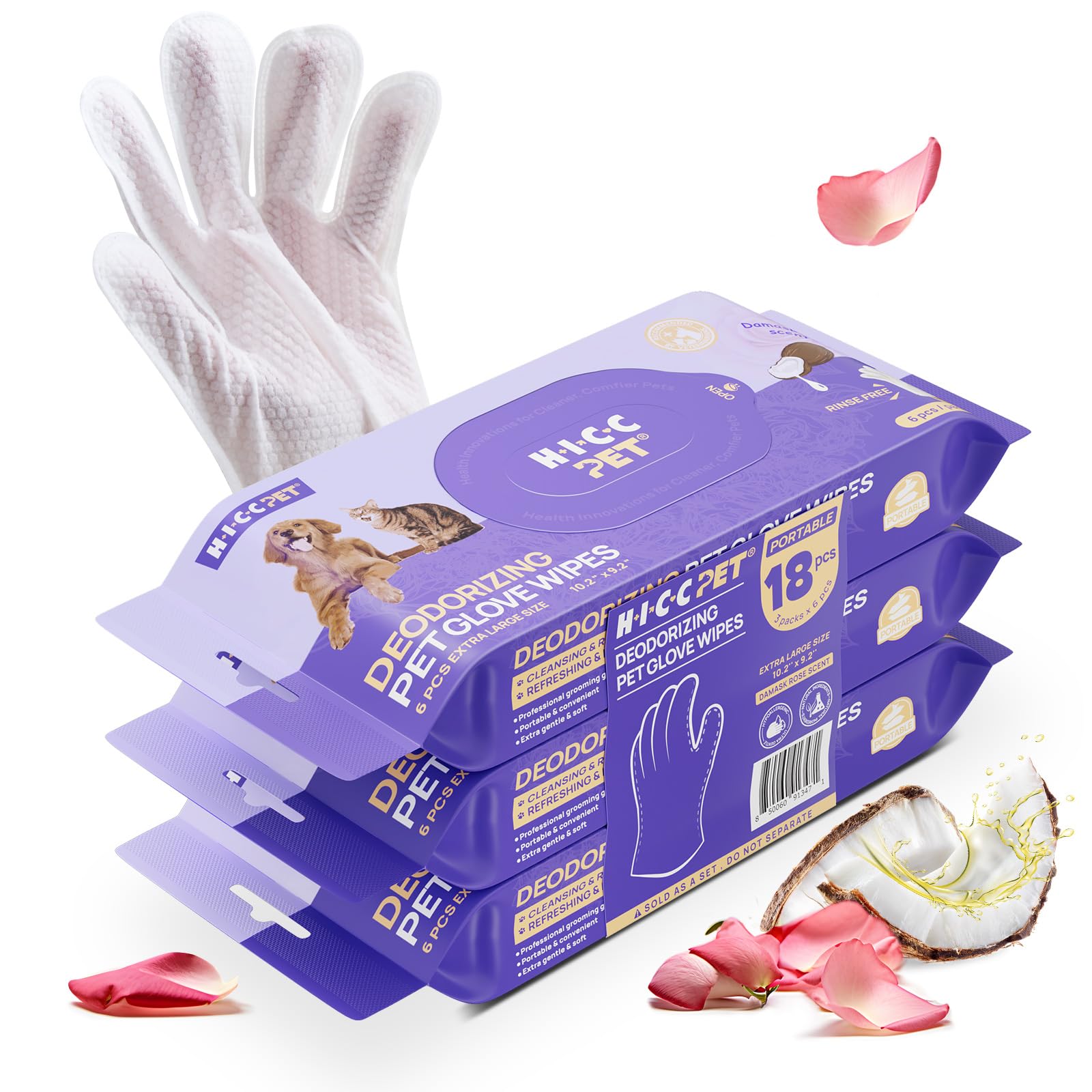 HICC PET Cleaning Deodorizing Glove Wipes for Dogs & Cats, Vet Recommended Hypoallergenic Hydrating & Nourish Fur Pet Grooming Glove Wipes, Pet