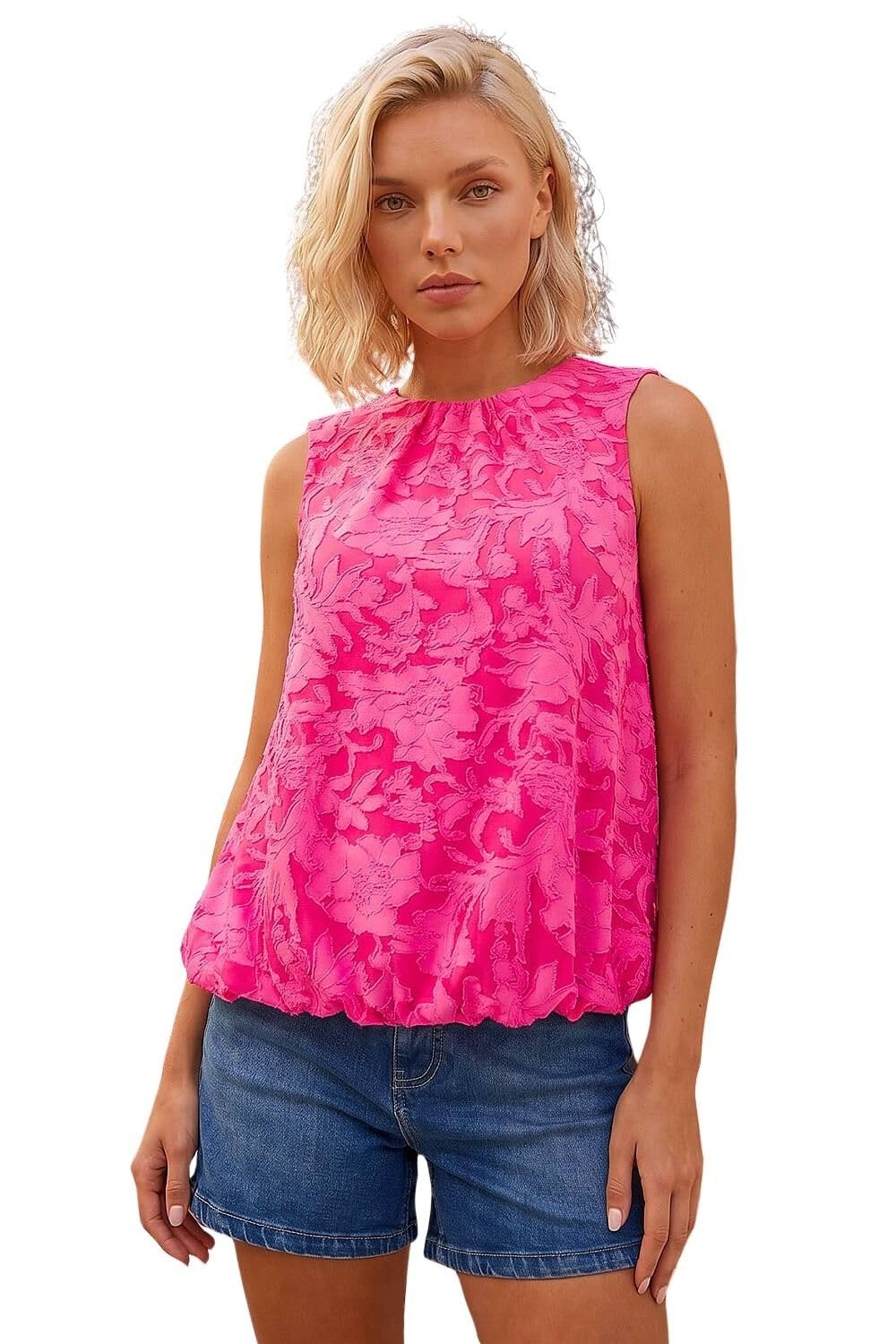 Roman Petite Jacquard Bubble Hem Top for Women UK - Ladies Everyday Holiday Spring Summer Round Neckline Comfy Soft Evening Vacation Work Party - Petite Pink - Size 14