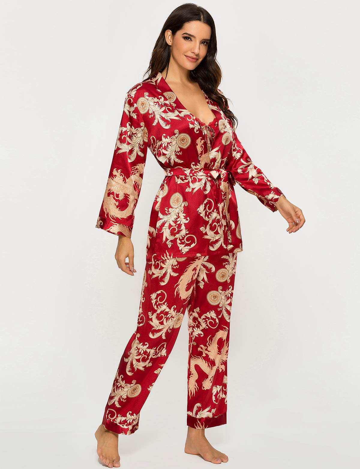 Escalier Ensemble de Pyjama 3 pièces en Satin de Soie pour Femme - Motif Floral Soyeux - Vêtement de Nuit Caraco avec Peignoir et Pantalon, Vin, M