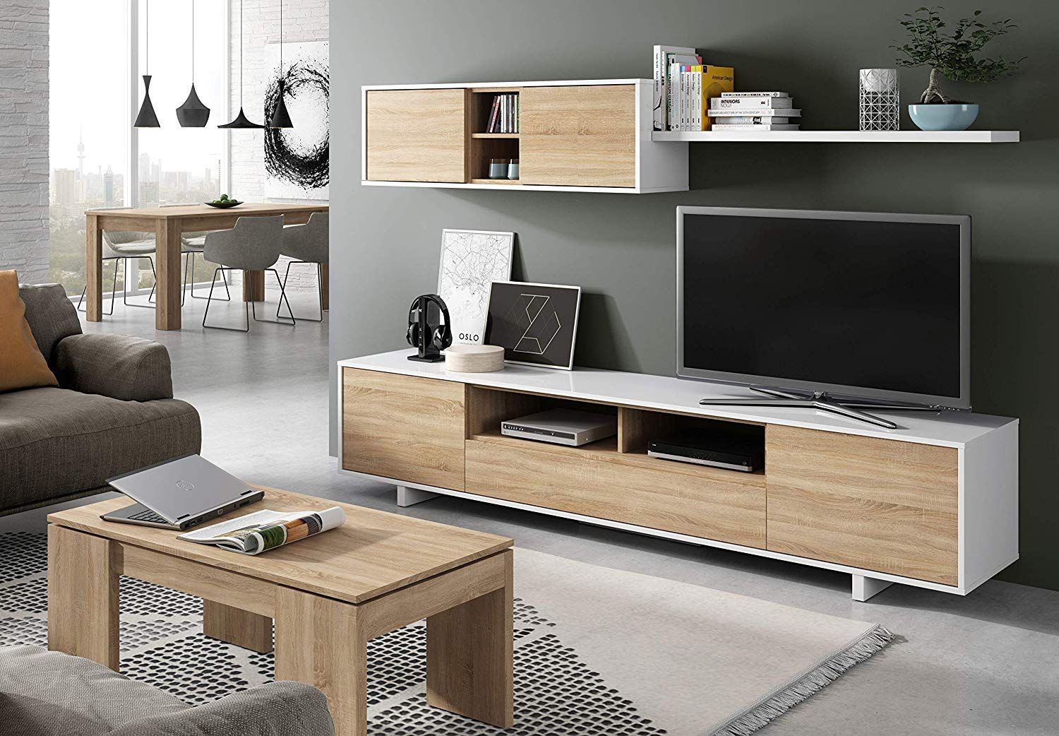 Arreditaly Parete Attrezzata Nottingham Mobile Soggiorno TV con Ripiani, Ante E Mensola Ideale per Salotto Legno Base Televisione Sala da Pranzo Design Moderno 200 x 41 x 46 cm Colore Bianco e Rovere