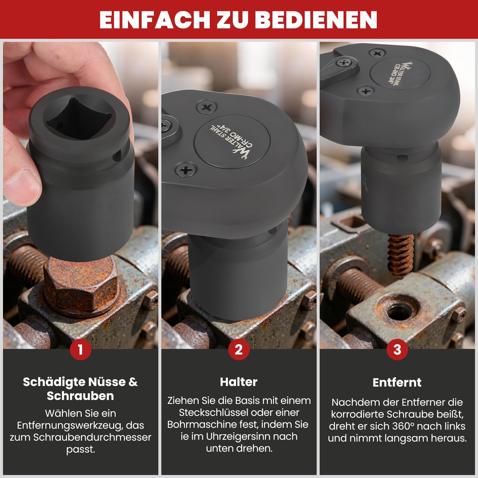 WALTER ACCIAIO Set di 26 cacciaviti a percussione, dadi da 3/4", adattatore per bussola, dimensioni metriche standard (21-65 mm) | Set di chiavi a bussola in acciaio Cr-V
