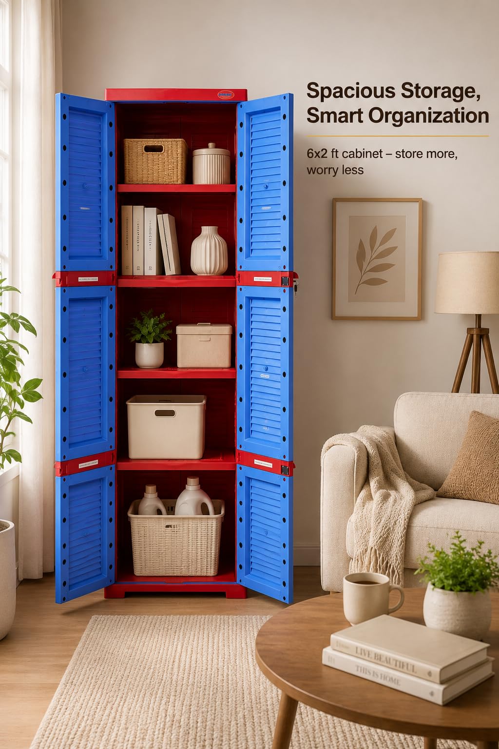 MELODY Plastic Cabinet | 4-Shelf Storage Cupboard with Doors | Multi Organizer | for Home and Kitchen | Almirah with Shelves |Blue and red