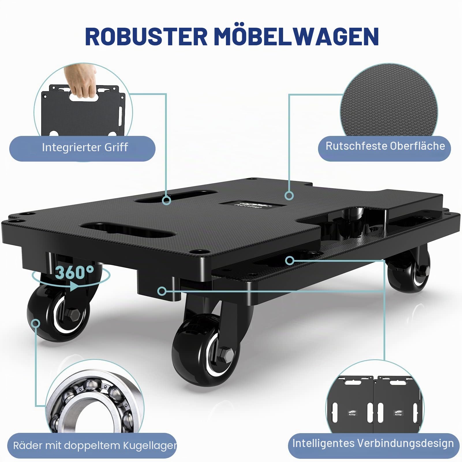 Ronlap 2er Transportroller Möbelroller Tragkraft bis 400 kg Rollbrett Umzugshelfer Erweiterbar, mit 4 elastischen Seilen, Schwarz
