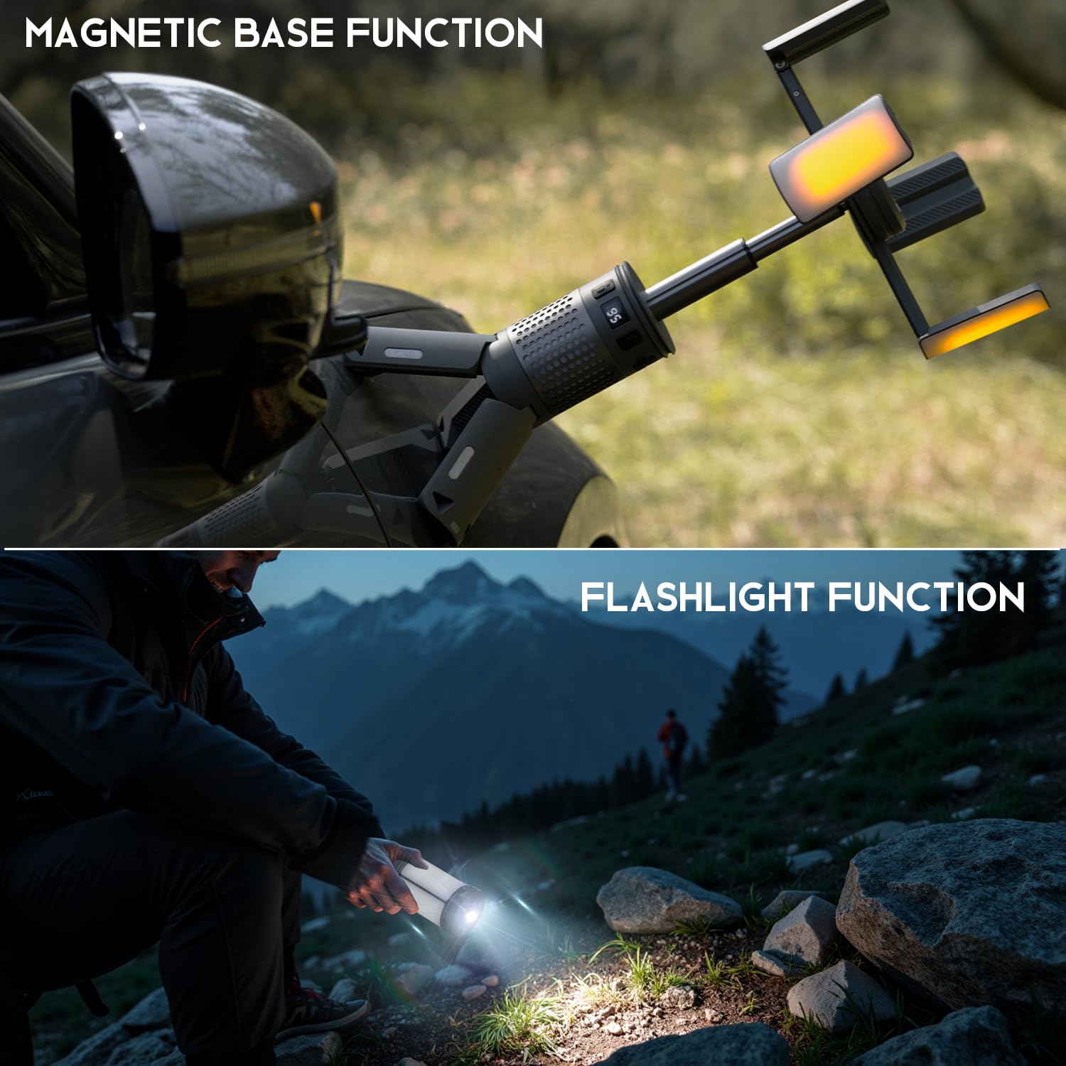 Lanterne de camping télescopique pliable avec batterie de 12 000 mAh, lumière LED étanche IPX6, base magnétique, lampe de poche rechargeable pour aventures en plein air, randonnée, urgence et