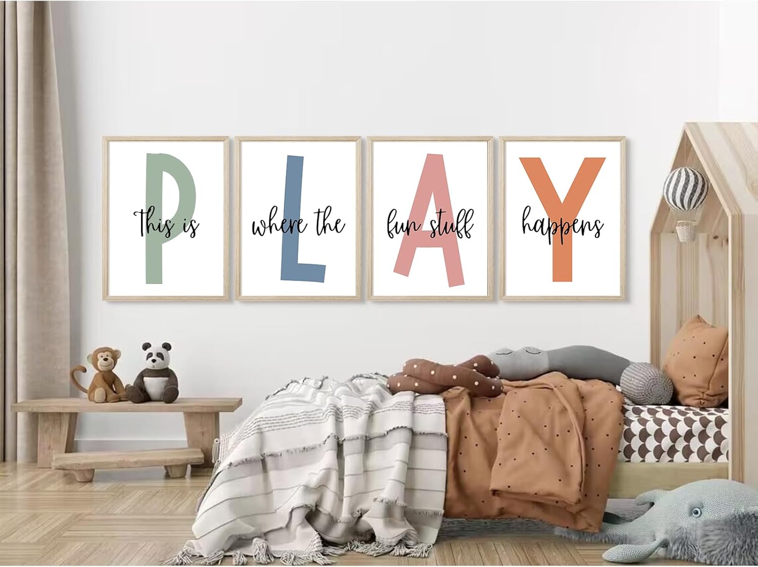 Kids Playroom Wall Art Boys Room Wall Decor Childrens Playroom Canvas Prints Baby Boy Kids Room Poster Decor Toddler Nursery Print Artwork Let'S Play Sign 12x16 Inch Set of 4 Wooden Framed