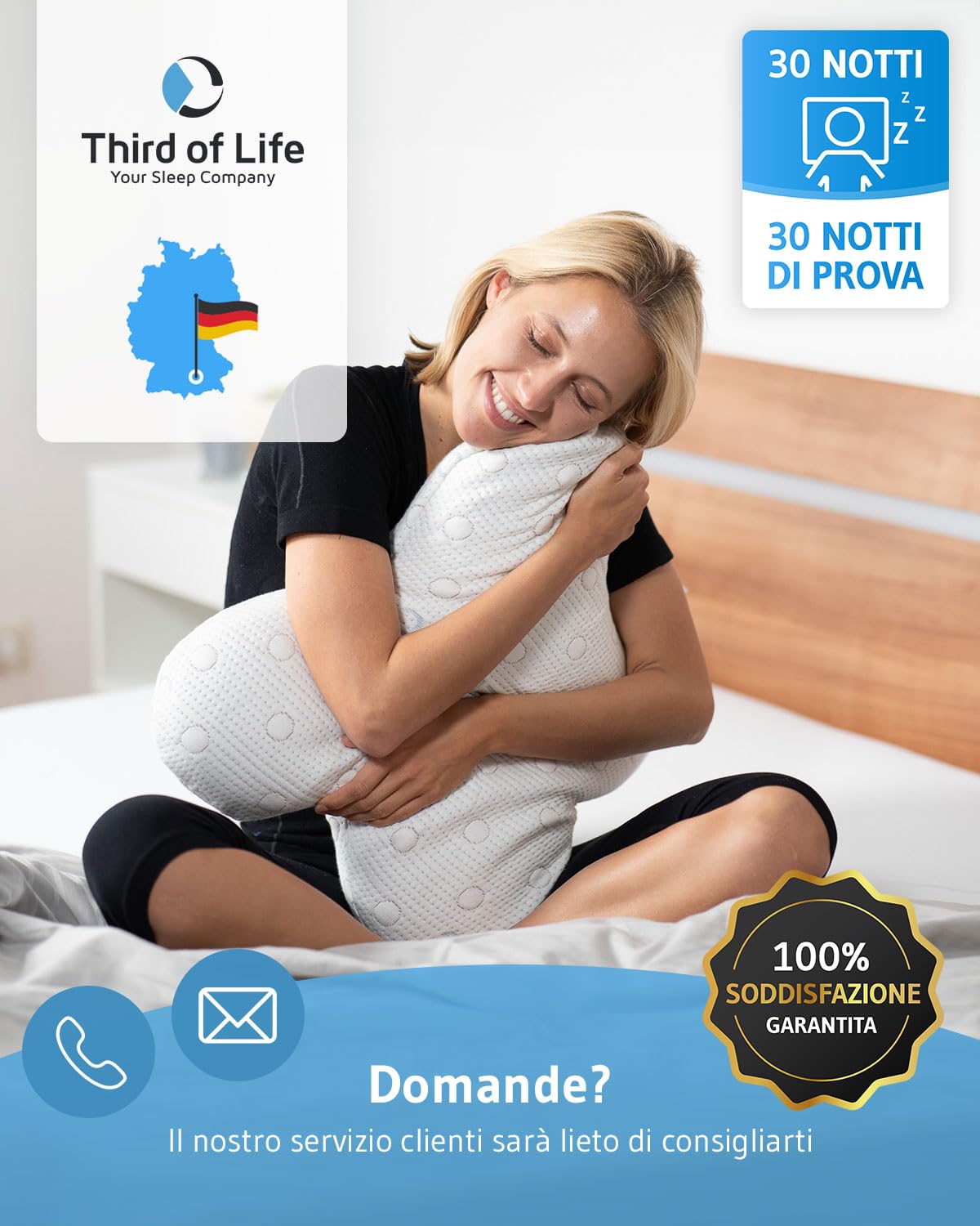 Third of Life Cuscino in Memory Foam ACAMAR, Cuscino cervicale ergonomico e ortopedico, Schiuma viscoelastica, Ideale per dormire sul fianco o inclinati, Federa con termoregolazione, 55x47x12cm