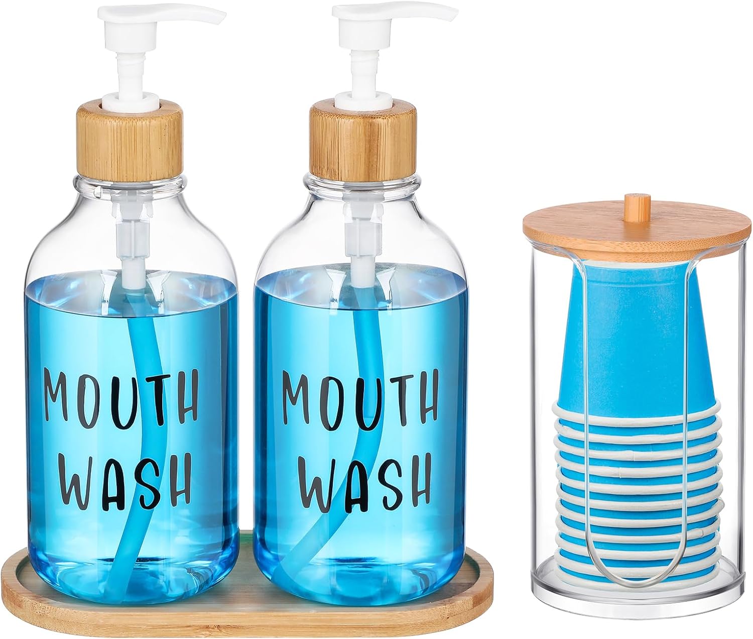 2 Sets Mouthwash Dispenser for Bathroom 17 Oz Refillable Mouth Wash Pump Bottle Paper Cup Holder with Bamboo Lid and Tray Clear Mouthwash Container for Bathroom Vanity Kitchen Sink