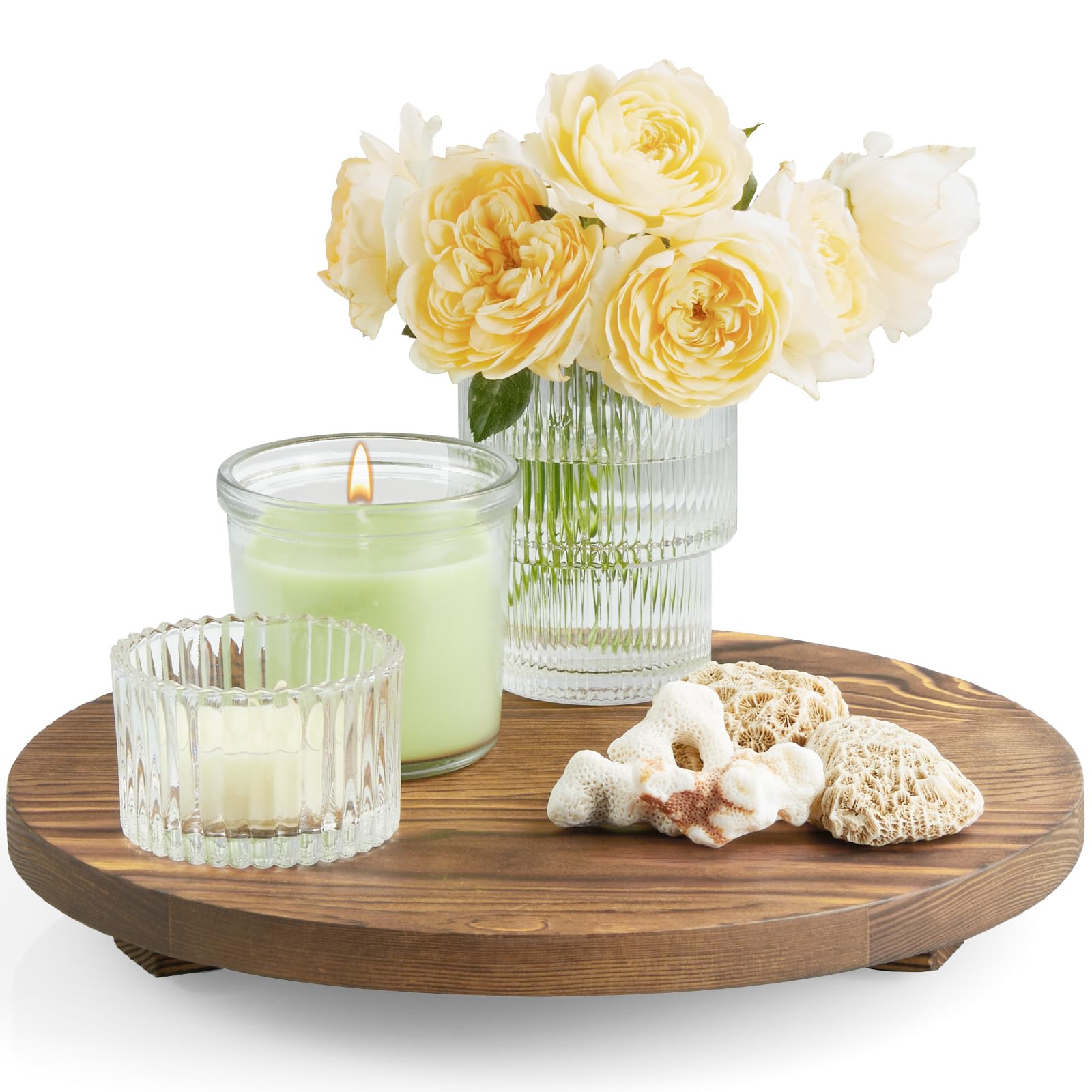 Round Decorative Tray Burnt Wood Bathroom Counter Organizer Pedestal Stand Farmhouse Kitchen Decor Wooden Riser for Soap Dish, Perfume, Candle, Sponge