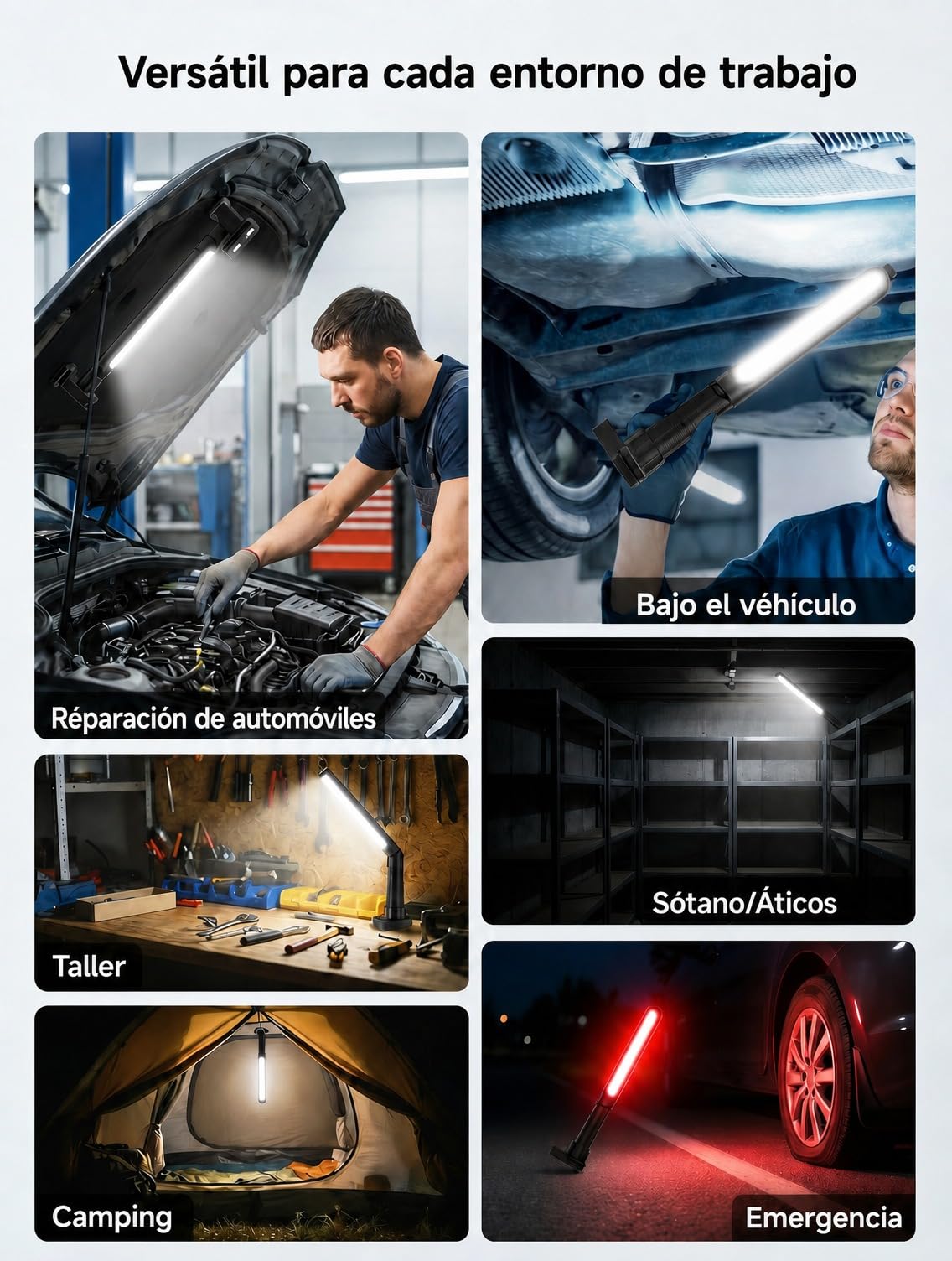 Pack de 2 Linternas LED de Trabajo para Capó de Coche, 3000 lm, 5200 mAh, USB-C, Magnéticas, 2 en 1, Rotación 360°, Ganchos y Pinzas, Luz para Taller Mecánico, Negro