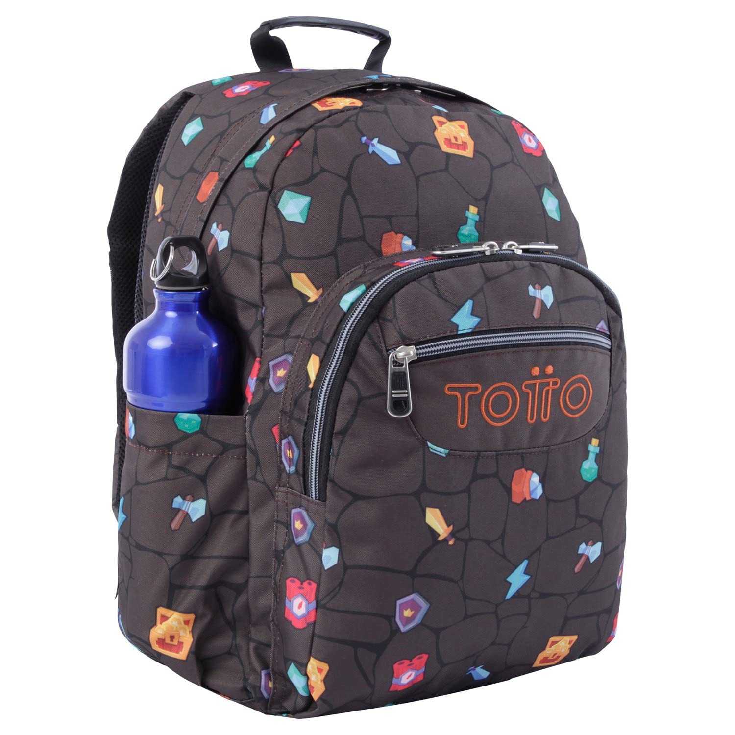 TOTTO - Mochila Escolar Adaptable a Carro, Modelo Acuareles, Capacidad 20 L, Bolsillo para Pc 14", 2 Bolsillo Botella, Espaldar Ergonómico con Flujo de Aire, Correas en S, Estampado Videojuegos