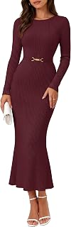 MEROKEETY Women's Long Sleeve Bodycon Fall Winter Sweater Dress | Midi/Maxi Length, Ribbed Knit, Office Work Dress with Belt, Holiday Cocktail Party Dress Wedding Guest Dresses Outfits