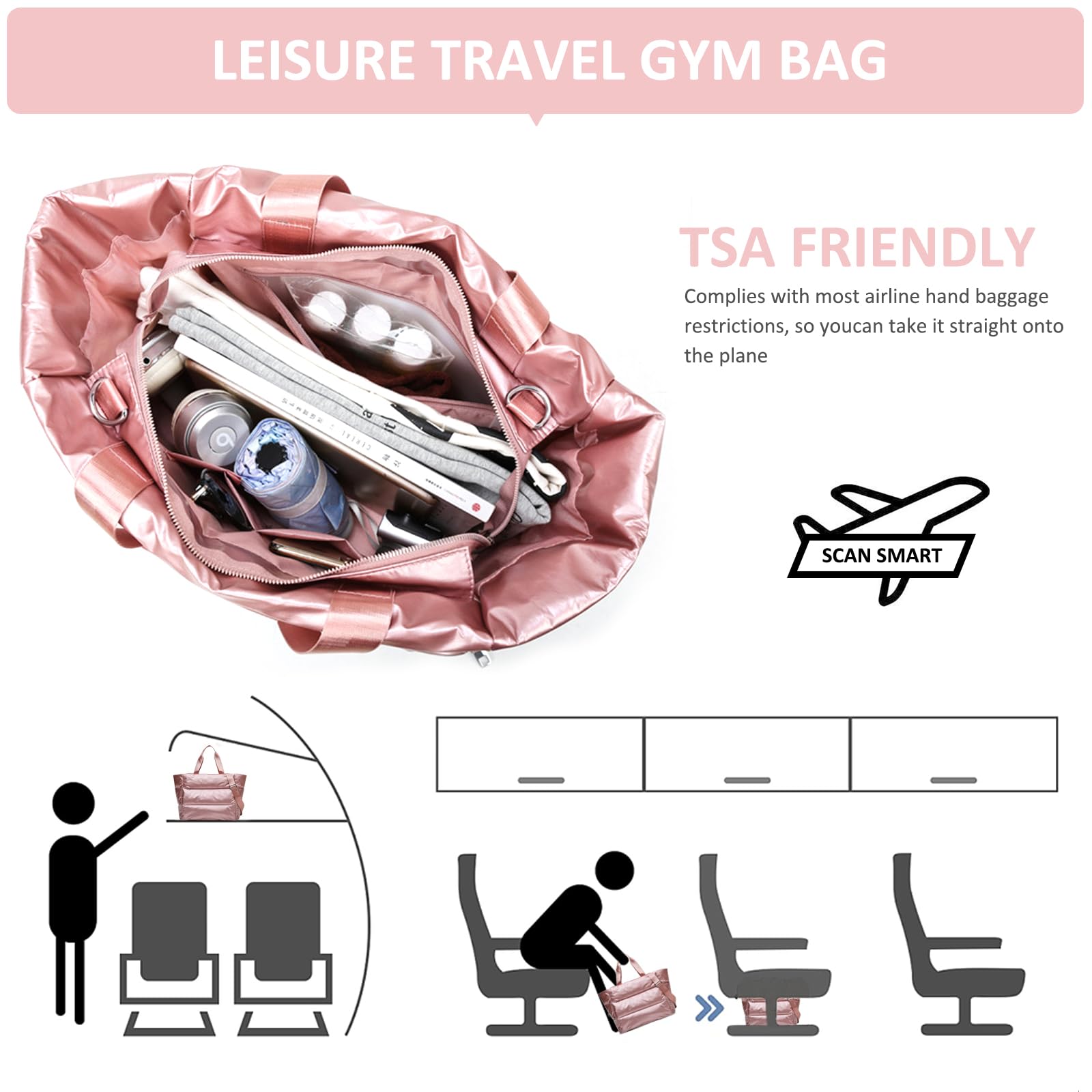Balakaka Borsa Mano da Donna 35L con Cerniera, 3 in 1 Grande Puffer Tote Bag con Tasca Bagnata e Asciutta, Impermeabile Borsa da Trasporto Trapuntata per Palestra Nuoto Shopping