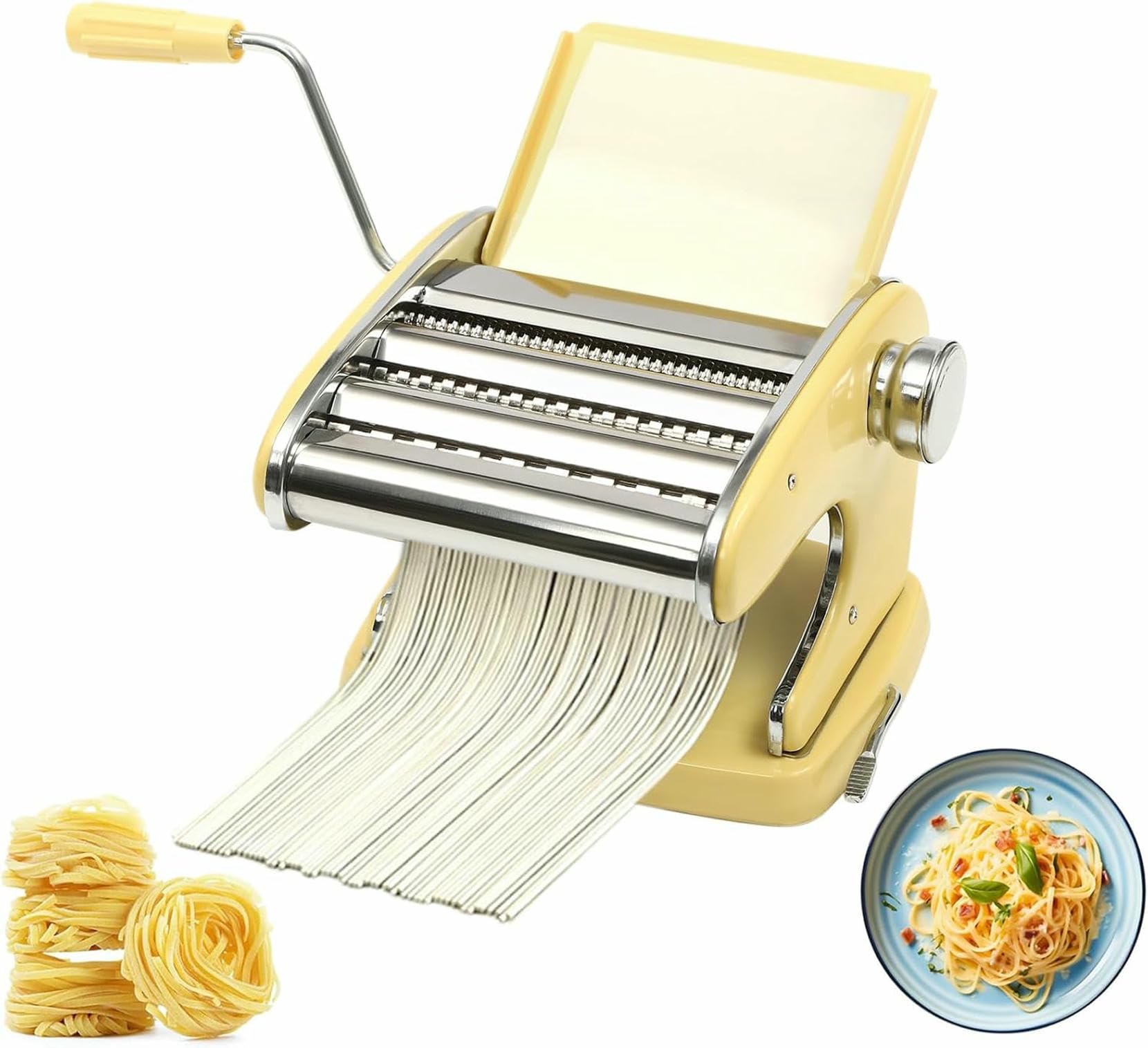 Machine à pâtes manuelle en acier inoxydable jaune avec 6 réglages d'épaisseur