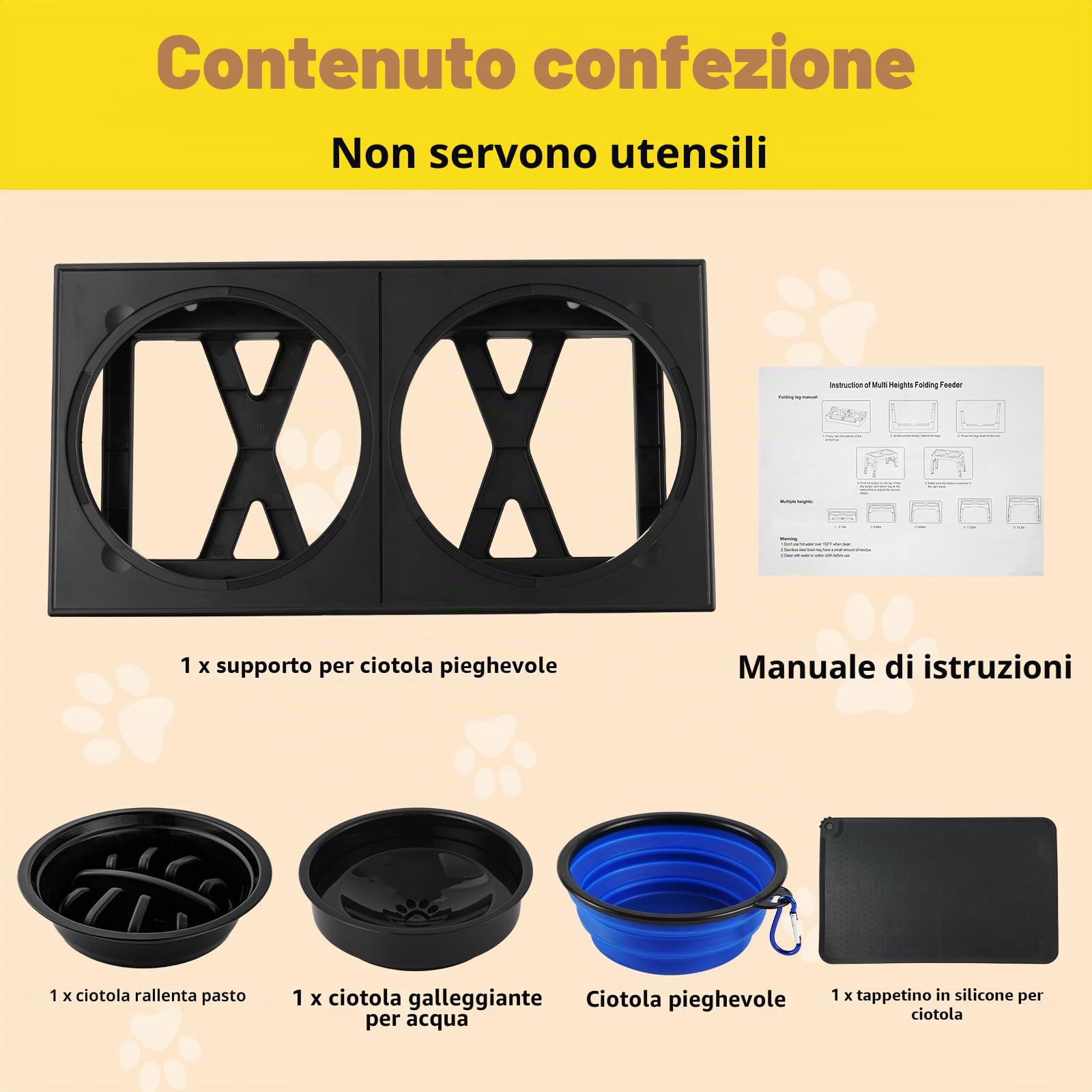 Ciotole per cani Rialzate Regolabili - Ciotola Acqua, Antingozzo, da Viaggio e Tappetino - Base antiscivolo per cani di taglia media/grande