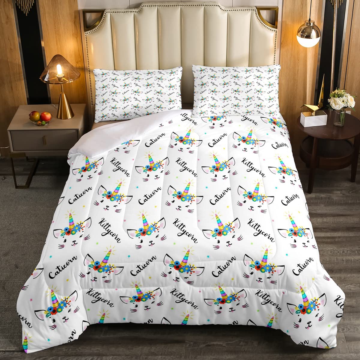 Juego de edredón para niños y niñas, diseño de unicornio, para niños, niñas, 3D, diseño de animales de dibujos animados, gatito, gato, amante de la habitación, 3 piezas, tamaño King