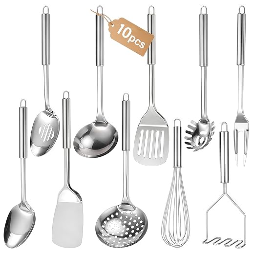 Stainless Steel Kitchen Utensils Set, 10 PCS Stainless Steel Utensils Set for Cooking, Heat Resistant Spatula Cooking Utensils Set with Turners, Serving Spoon, Ladle, Skimmer, Pasta Fork