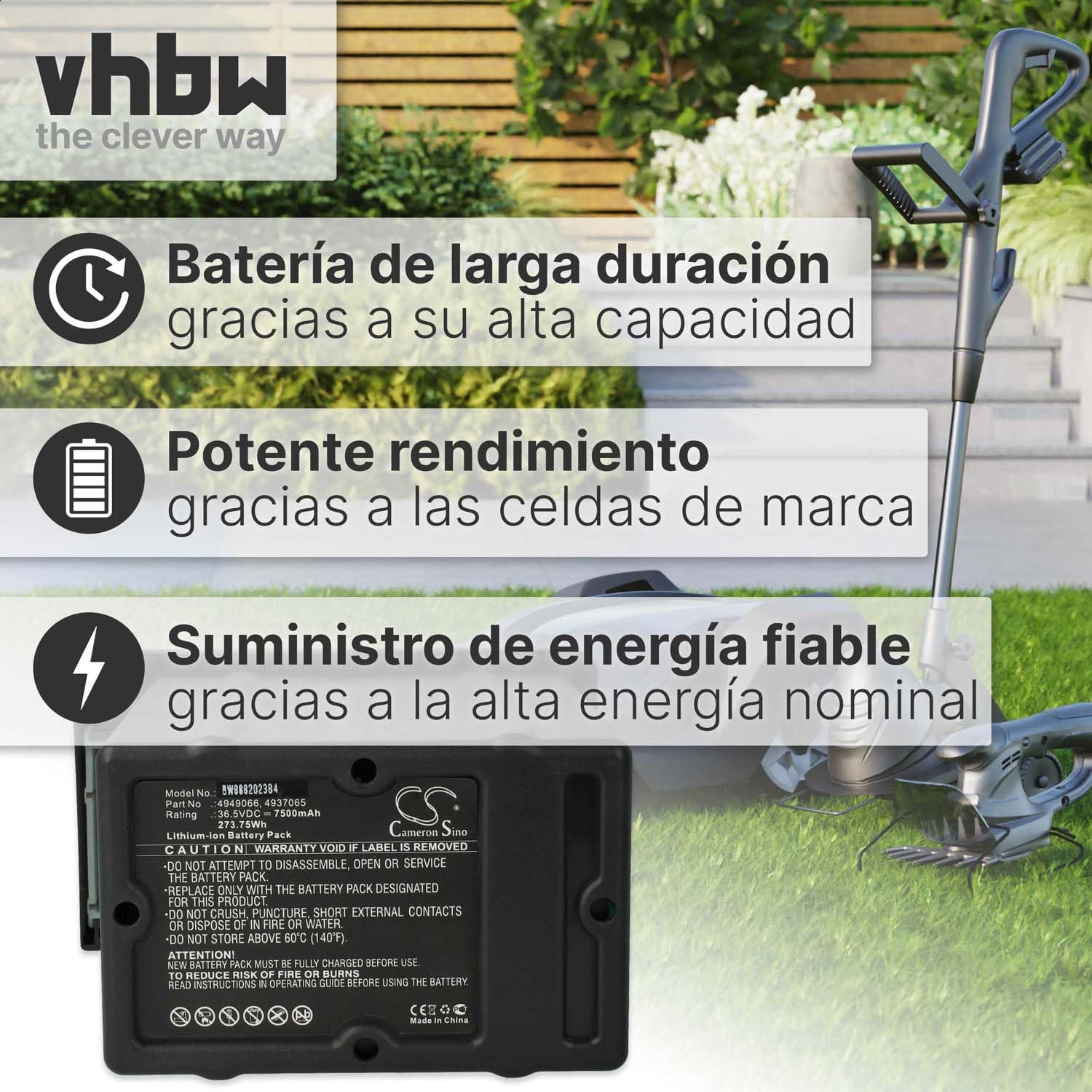 vhbw Batería Recargable Compatible con Wolf Garten Power 37, 40 cortacésped, Robot cortacésped (7500 mAh, 36.5 V, Li-Ion)