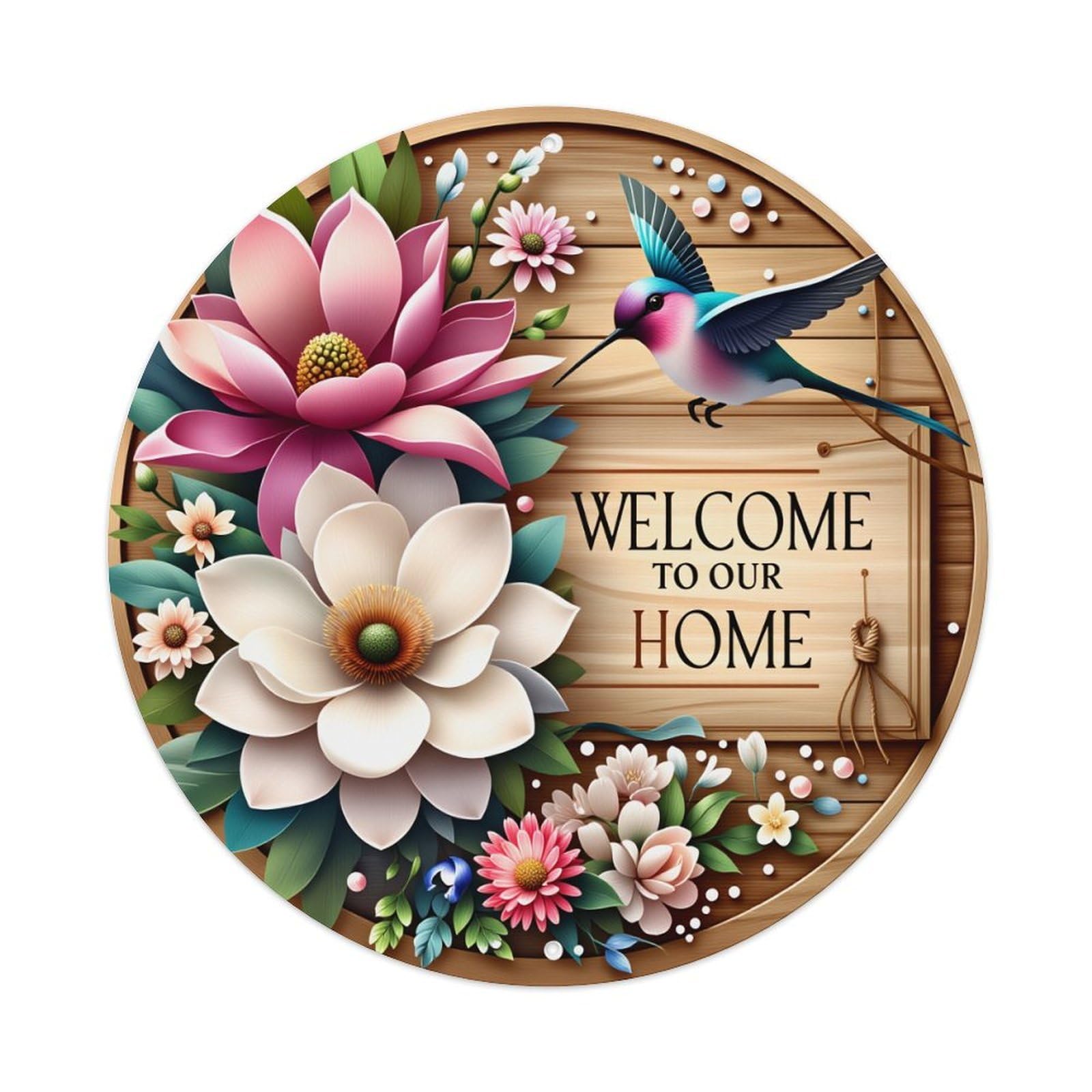 Floral Bird Welcome Home Sign Pattern Round Vintage Tin Sign,Retro Wall Art,Metal Poster for Home, Bar, Garage, Cafe, Rustic Indoor & Outdoor Decor, 8x8 Inches