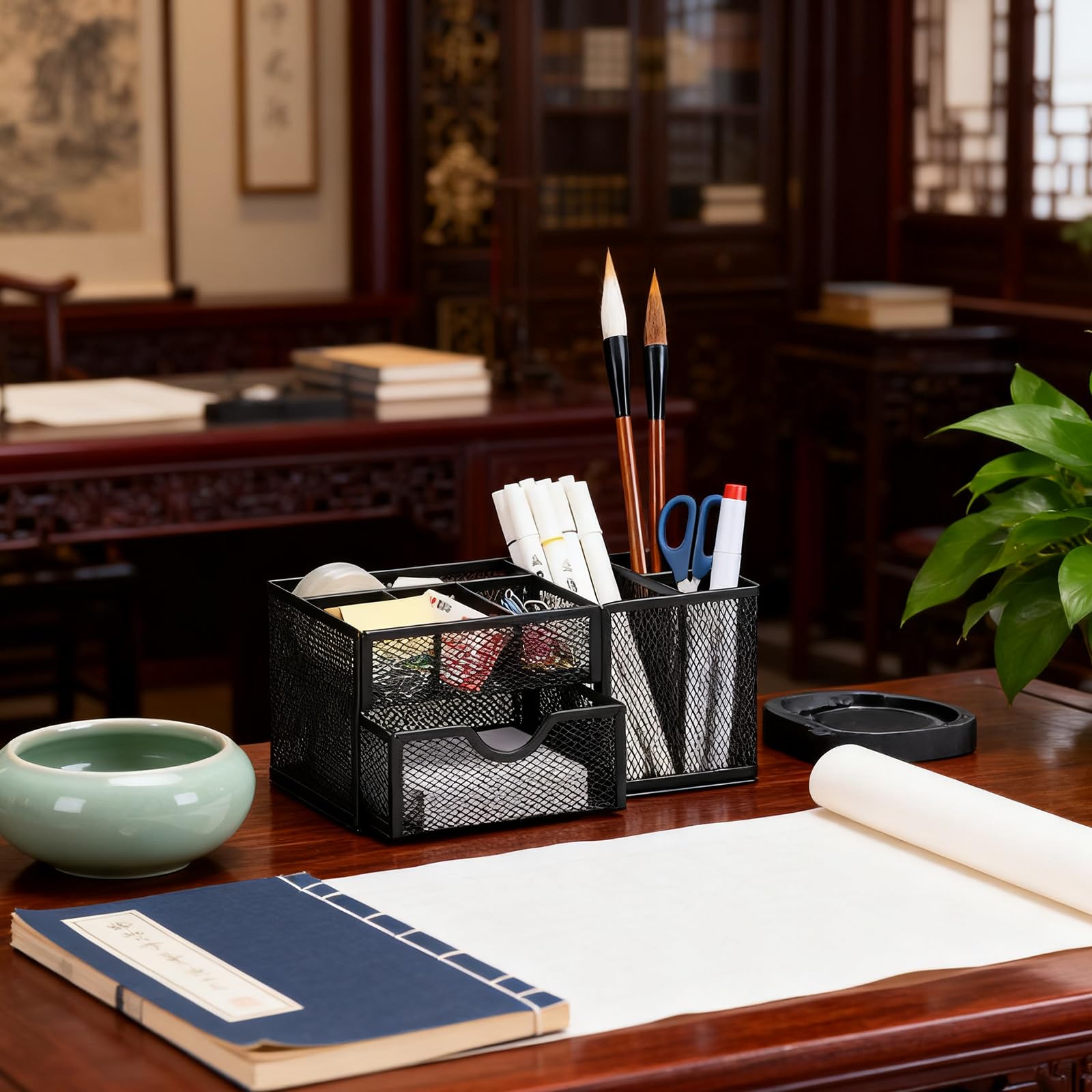 Rieoany Black Desk Organiser, Multi-Function Pen Holder, 8-Grid Large-Capacity Storage Box, Office Storage, Suitable for Both Office and Home - Image 3