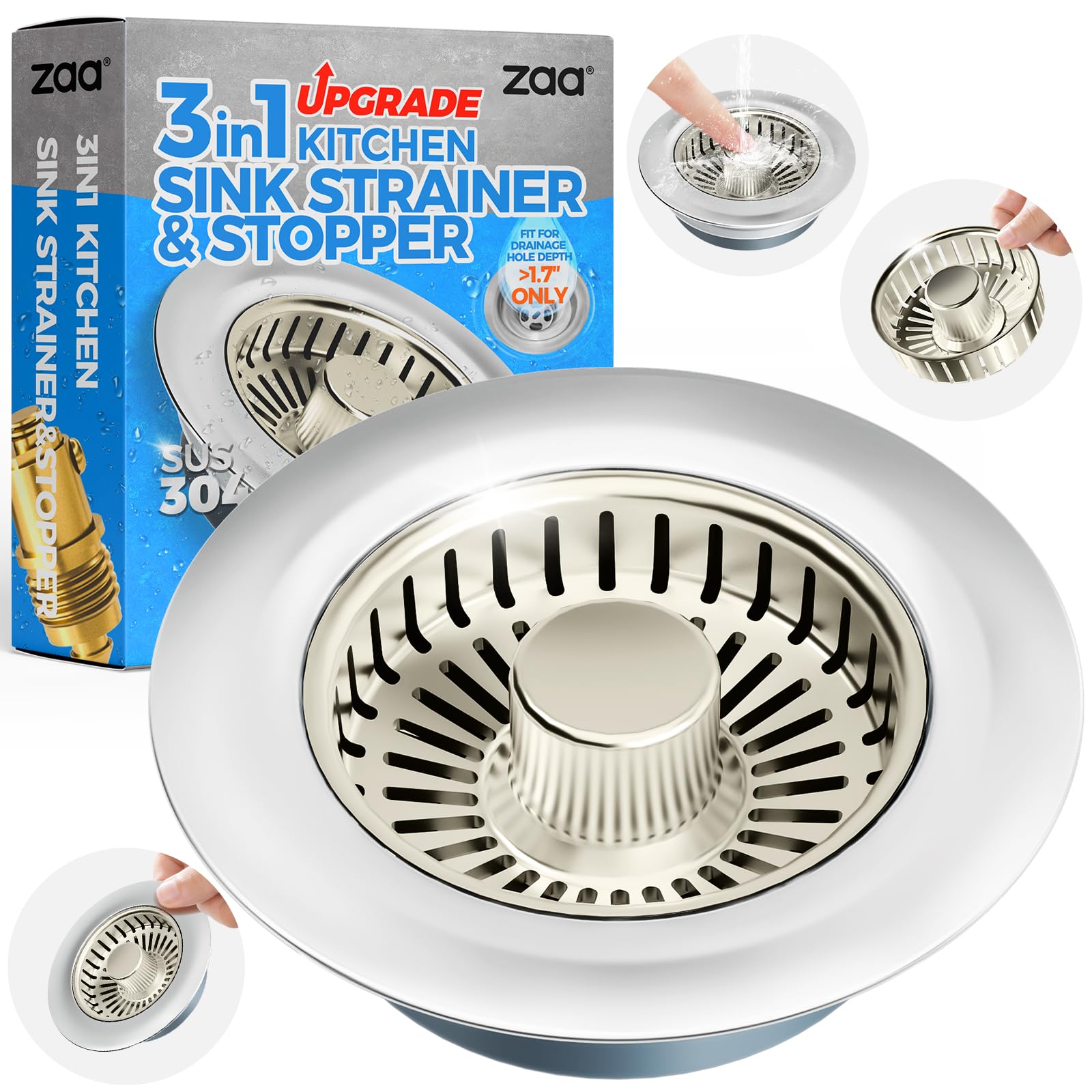 zaa 3 in 1 Kitchen Sink Drain Strainer Stopper Removable Basket Pop-Up