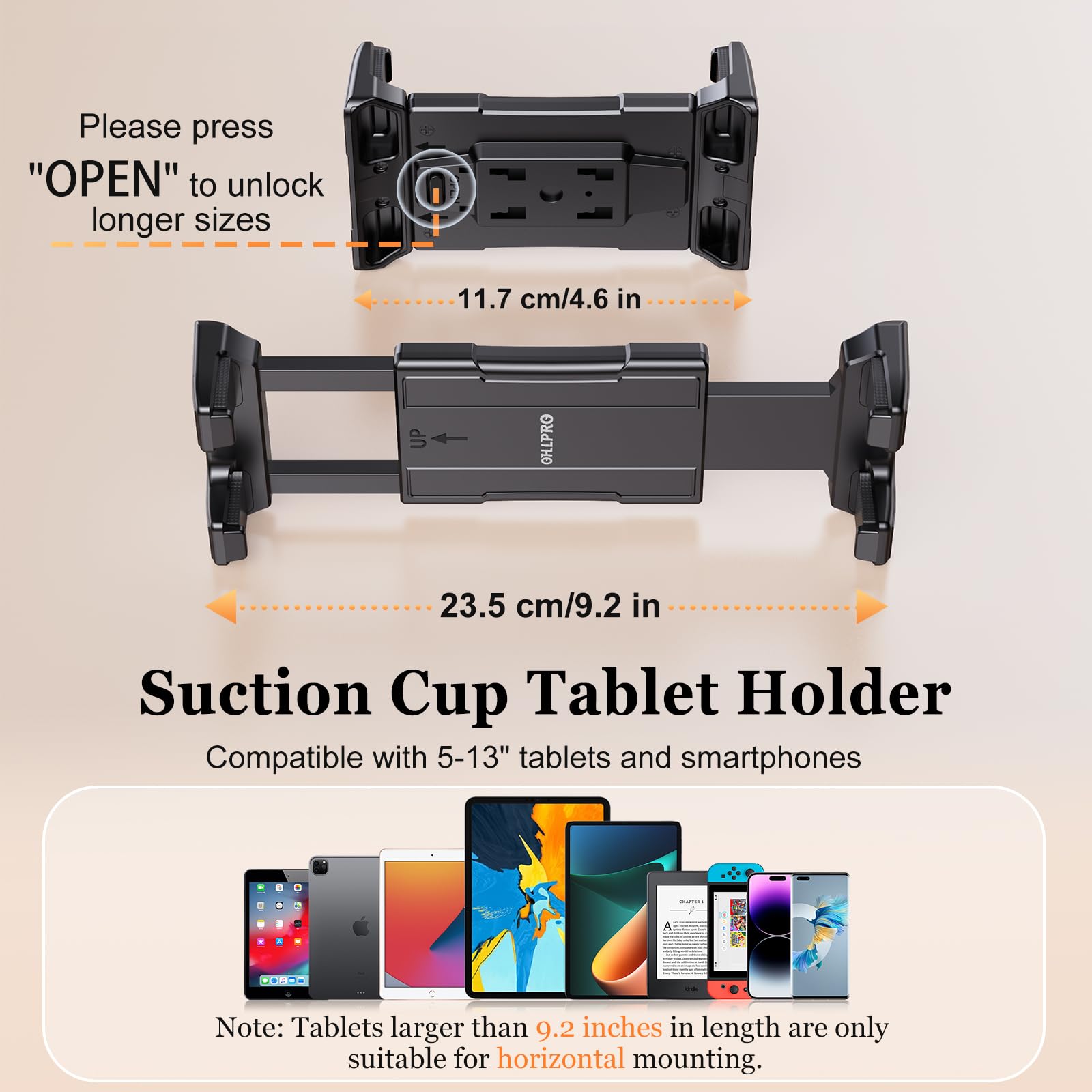 OHLPRO Tablet Holder Car Dashboard Windshield, 360° Adjustable Suction Cup Mount for iPad 5"-13" iPad Pro Air Mini Galaxy Tab S9 Fire HD 10 Switch Kindle