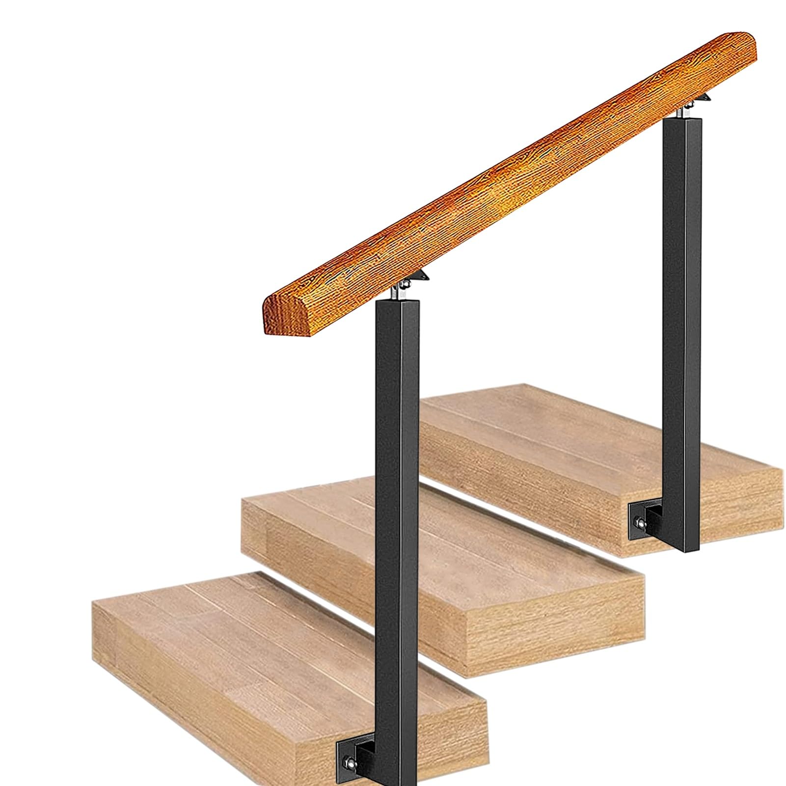 GLDYTVF Wooden Stair Handrails with Installation Kit, Wrought Iron Posts with 0°-270° Adjustable Angle Brackets, Stair Railing for Concrete or Wooden Stairs(Height 85cm,130cm/51inch)
