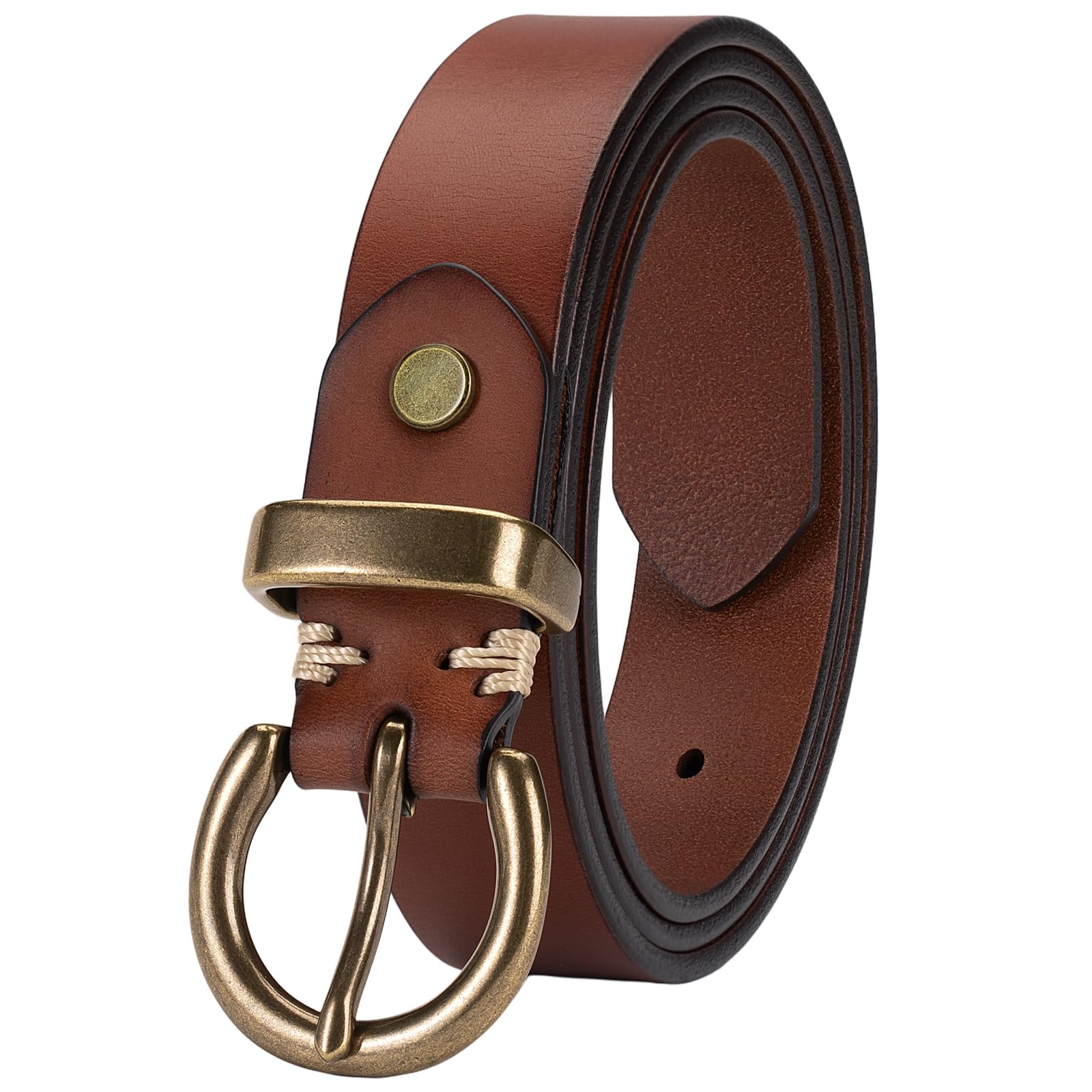 Womens Belts for Jeans Genuine Leather Belt Vintage Solid Brass Circle buckle Gift Box Packaging