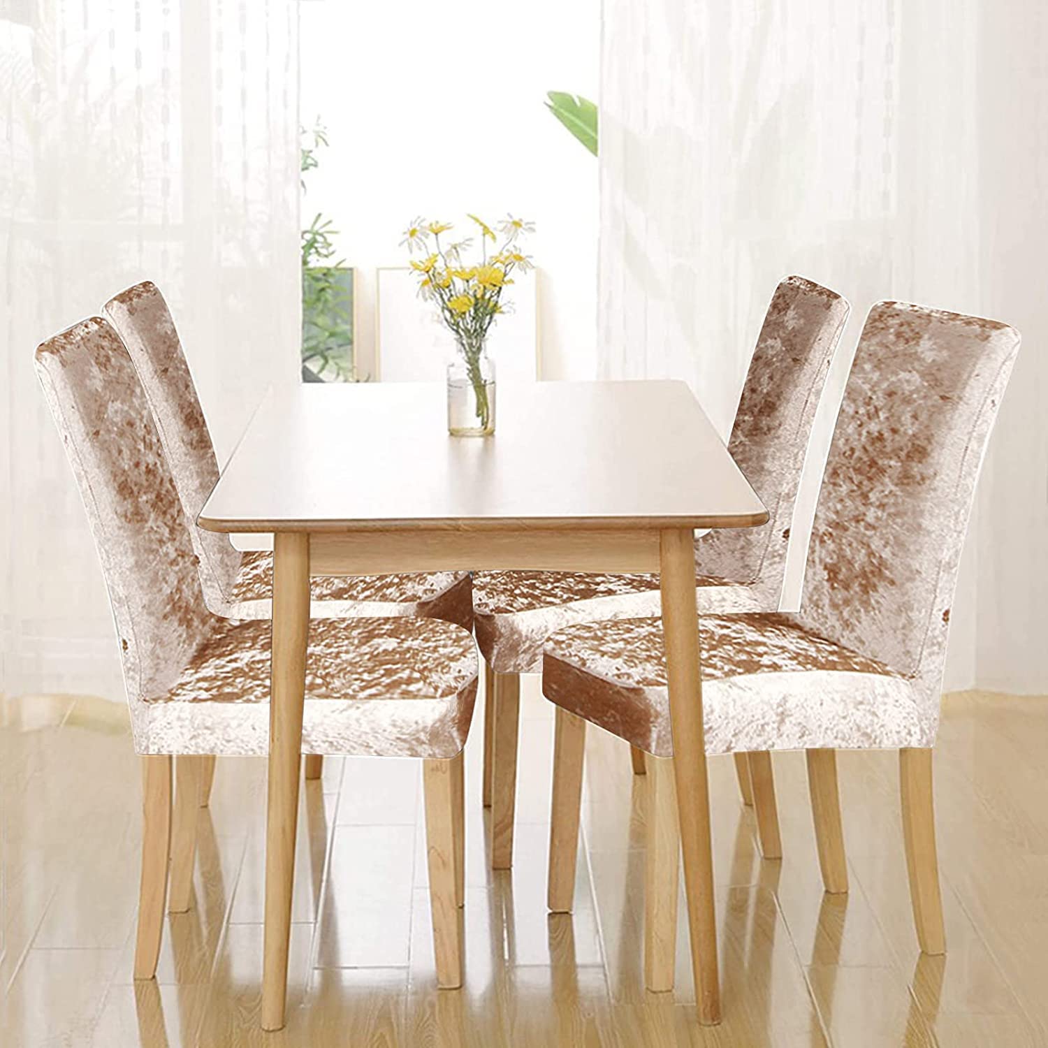 MIFXIN Dining Chair Cover Set of 4 Stretch Washable Parsons Chair Slipcovers Seat Protector for Dining Room Kitchen Home Hotel Decor (Crushed Velvet Champagne)