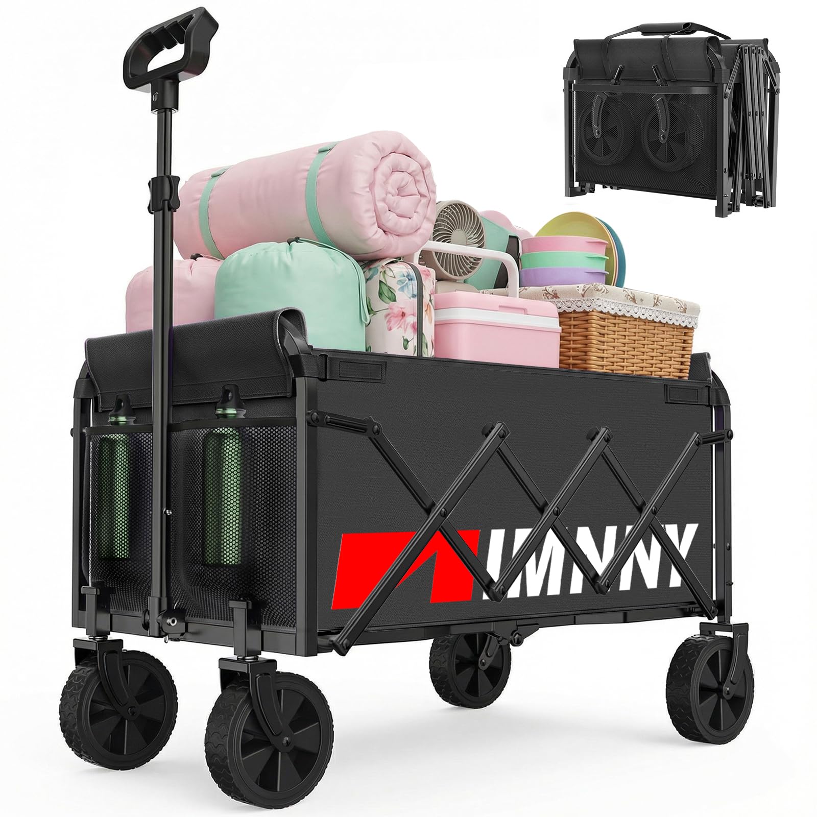 Collapsible Wagon with Wheels, Lightweight Utility Camping Wagons Carts Foldable with 220lbs Weight Capacity, Carts with Cup Holders for Garden, Sports, Grocery, Shopping (Black)