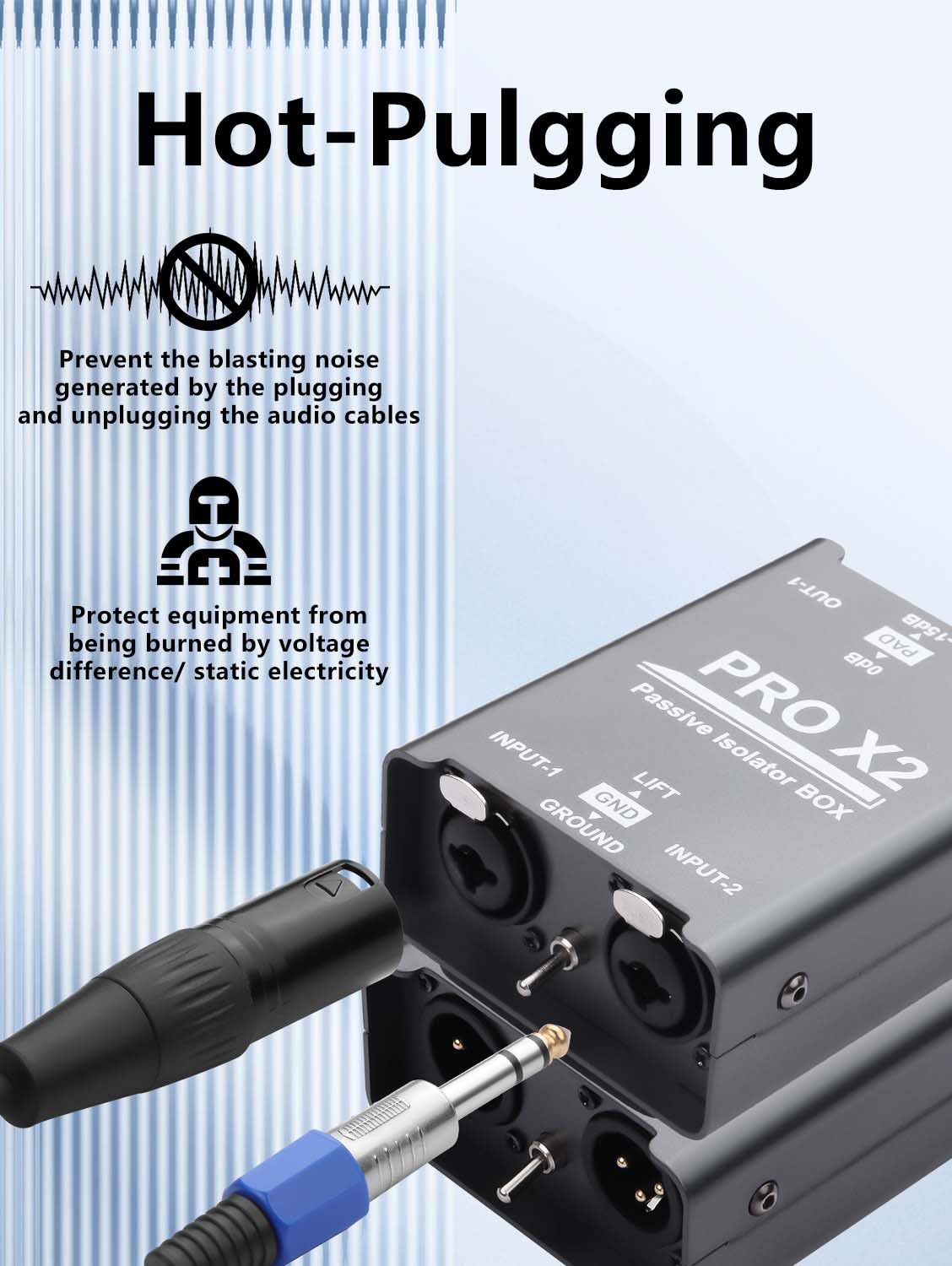 GINTOOYUN Pro Boîte de connexion directe stéréo passive isolateur audio 2 canaux, éliminateur de son de courant audio, isolateur en alliage Canon 6.5 Permo, console de mélange, diffusion en direct
