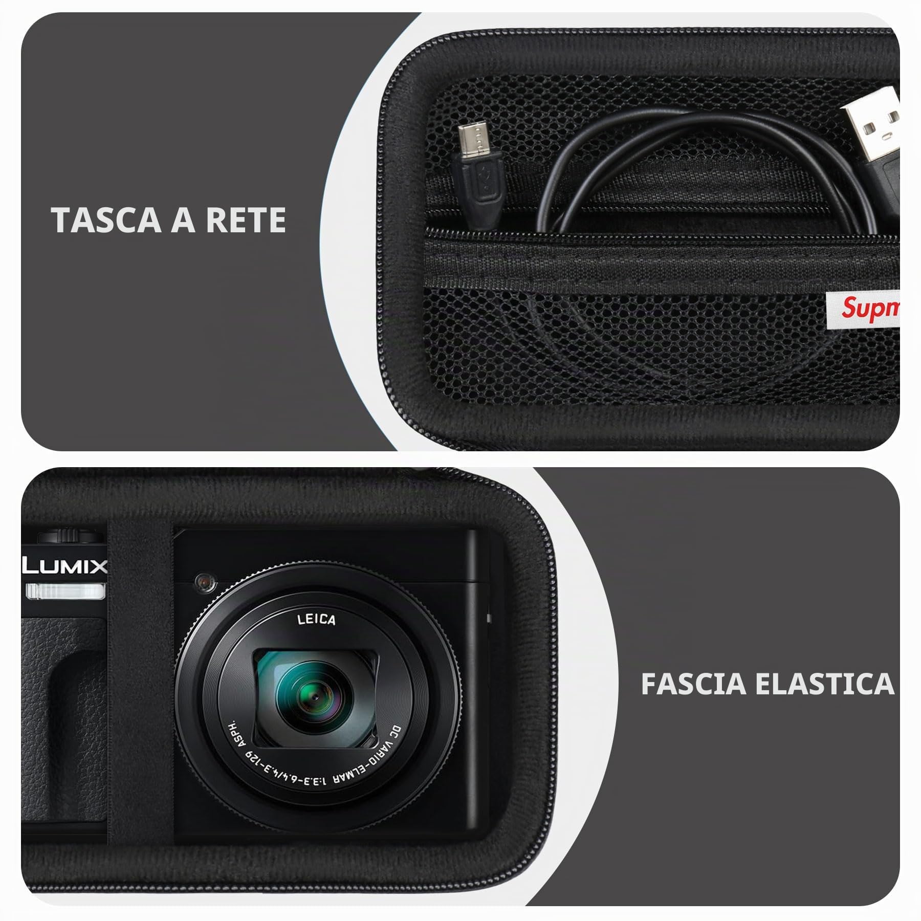 Custodia per fotocamera Panasonic LUMIX DC-TZ99E-K/DC-TZ300E, fotocamera compatta da viaggio con zoom/ LX10 TZ200D TZ200 TZ80D TZ80 TZ100 TZ70 TZ60, custodia protettiva con tasca in rete, Nero