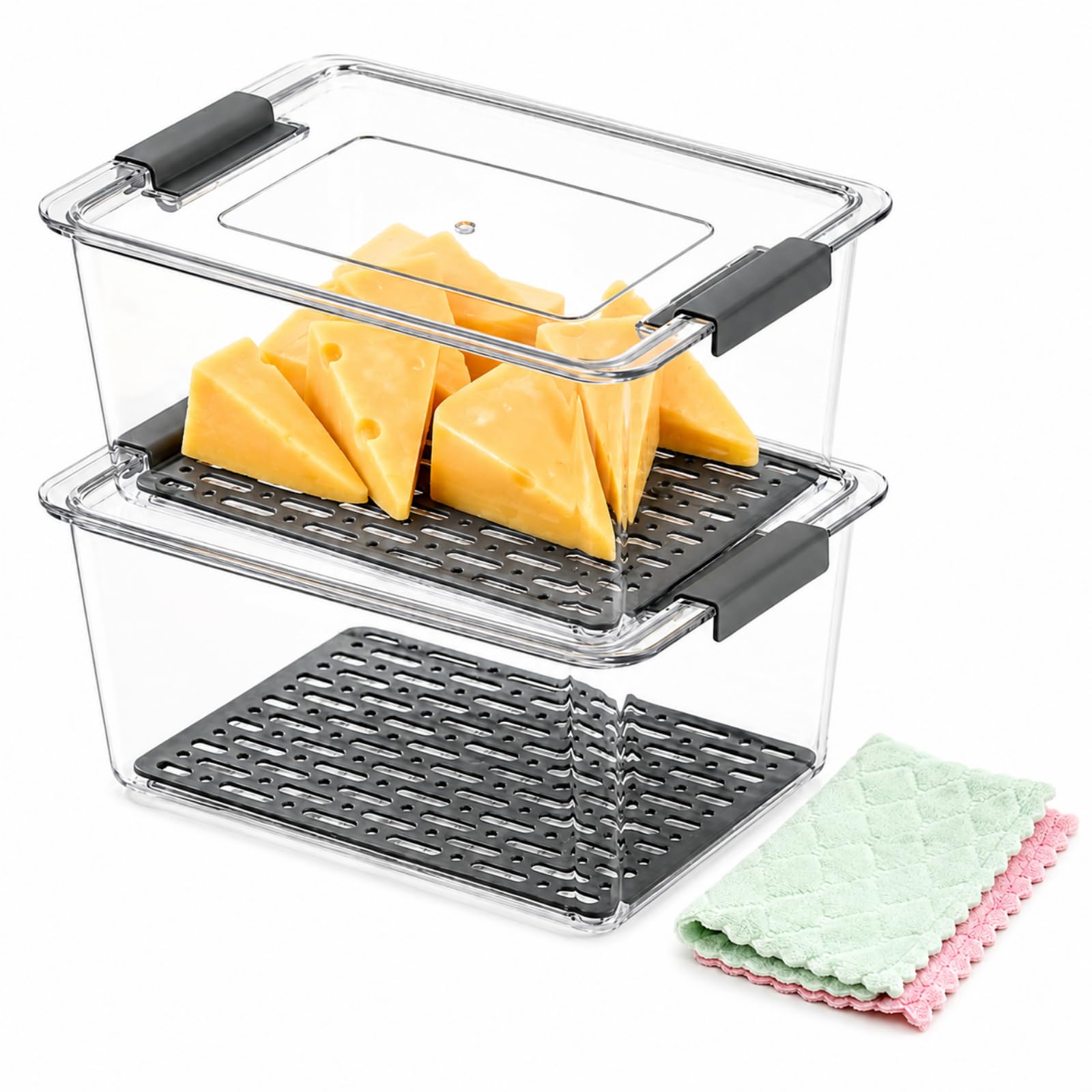 CECOMBINE 2 PCS Cheese Storage for Fridge, 3500ml Clear Food Storage Containers with Lids and Drain Trays, Airtight Fridge Organiser Boxes for Cheese, Fruit, Vegetables, Deli Meat and Snacks