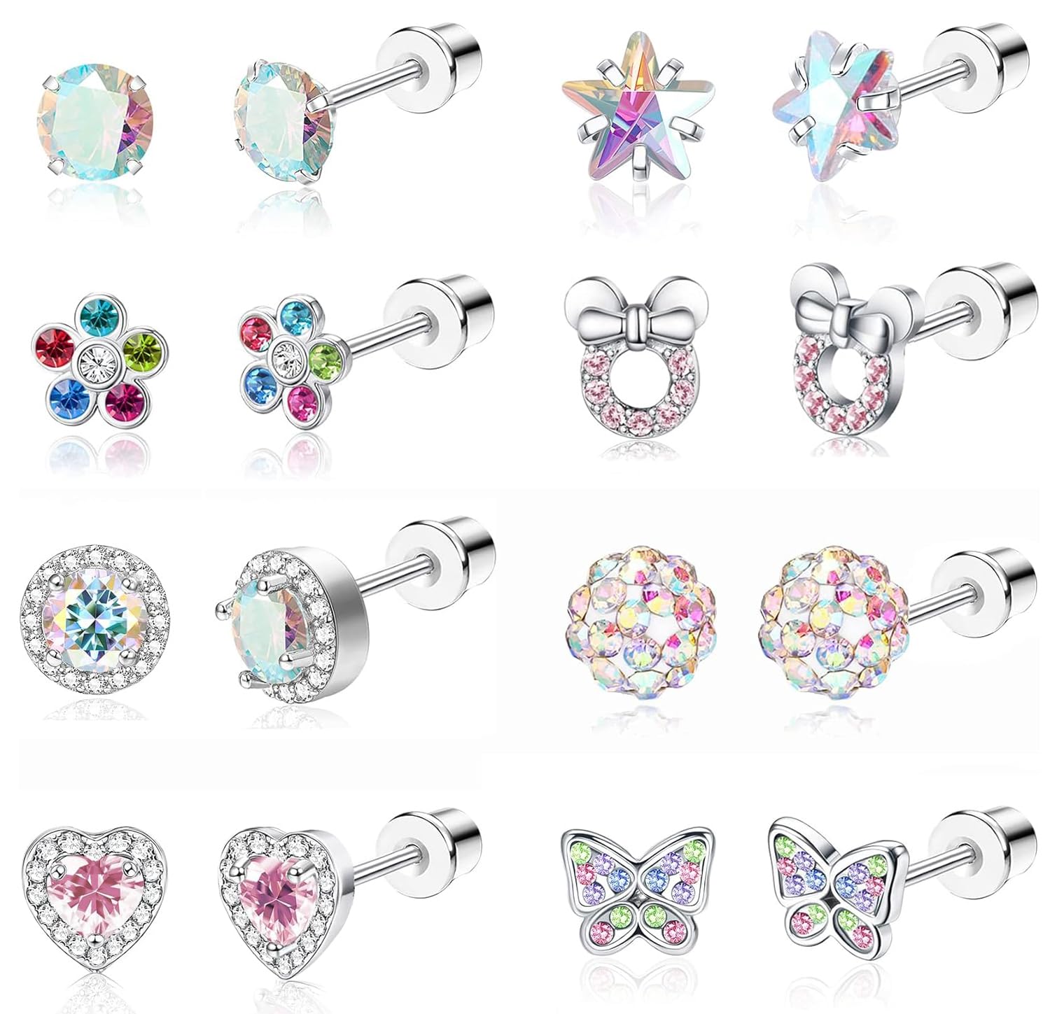 JeweBella Pequenos Pendientes Acero Quirúrgico para Mujeres Niñas Hipoalergénicos Pendientes de Aro Lindas Mariposa Flor Corazón Circón Multicolor Juego de Pendientes