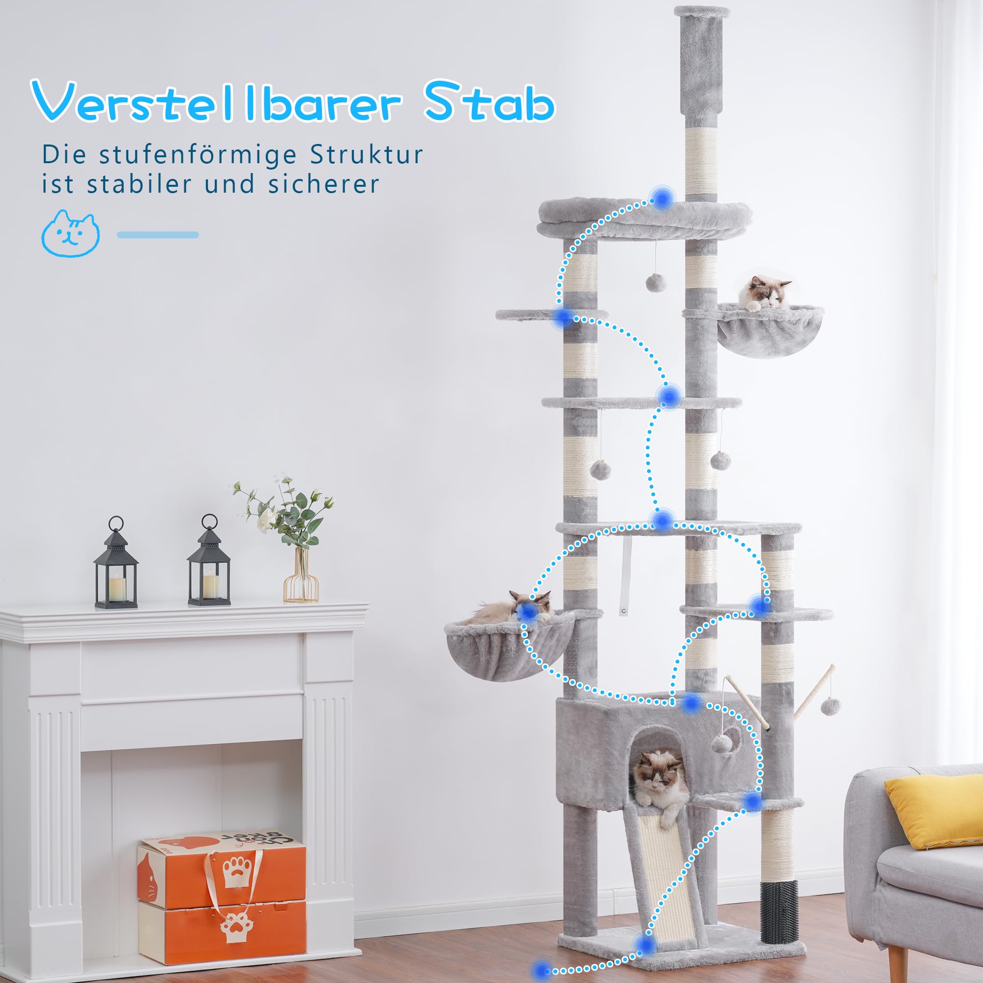 Hey-brother Kratzbaum, Höhenverstellbarer XXL Katzenbaum 250cm-280cm, der bis zur Decke reicht, Katzenturm für große Katzen, mit Höhle, Hellgrau 0MPJ091W