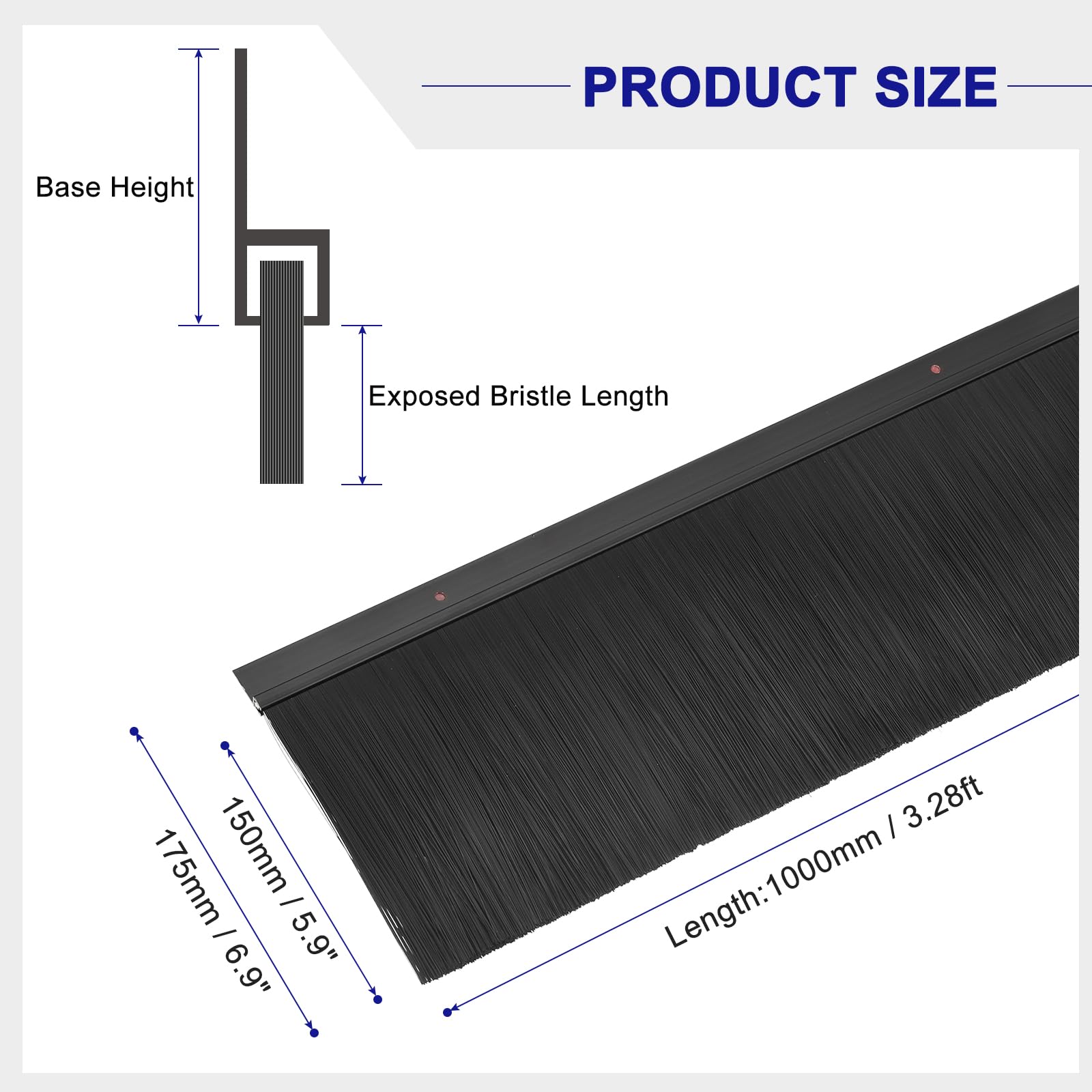 sourcing map 2Pcs Cepillo de Puerta con Base de Aleación de Aluminio en Forma de H y Cerdas de Nylon de 150mm para Hogar, Industrial (1000mm L x 175mm A, Negro)