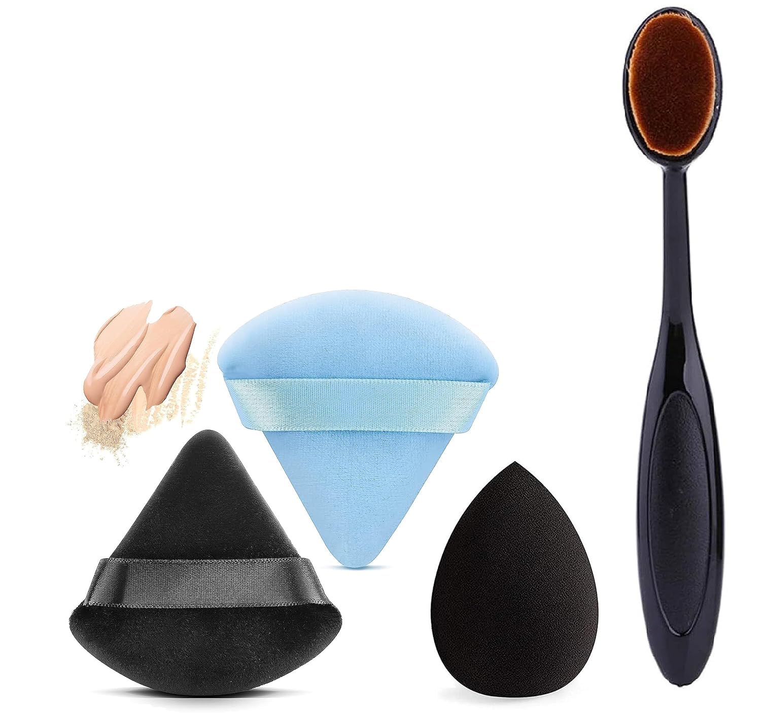 Beautiflame Powder Triangle Makeup Puff for Face, Powder Puffs for Loose Setting Powder, Under Eye Foundation Wedge Blender Sponge Blender Makeup Tools (Oval Brush With Blender And 2 Pcs Trianle Puff)