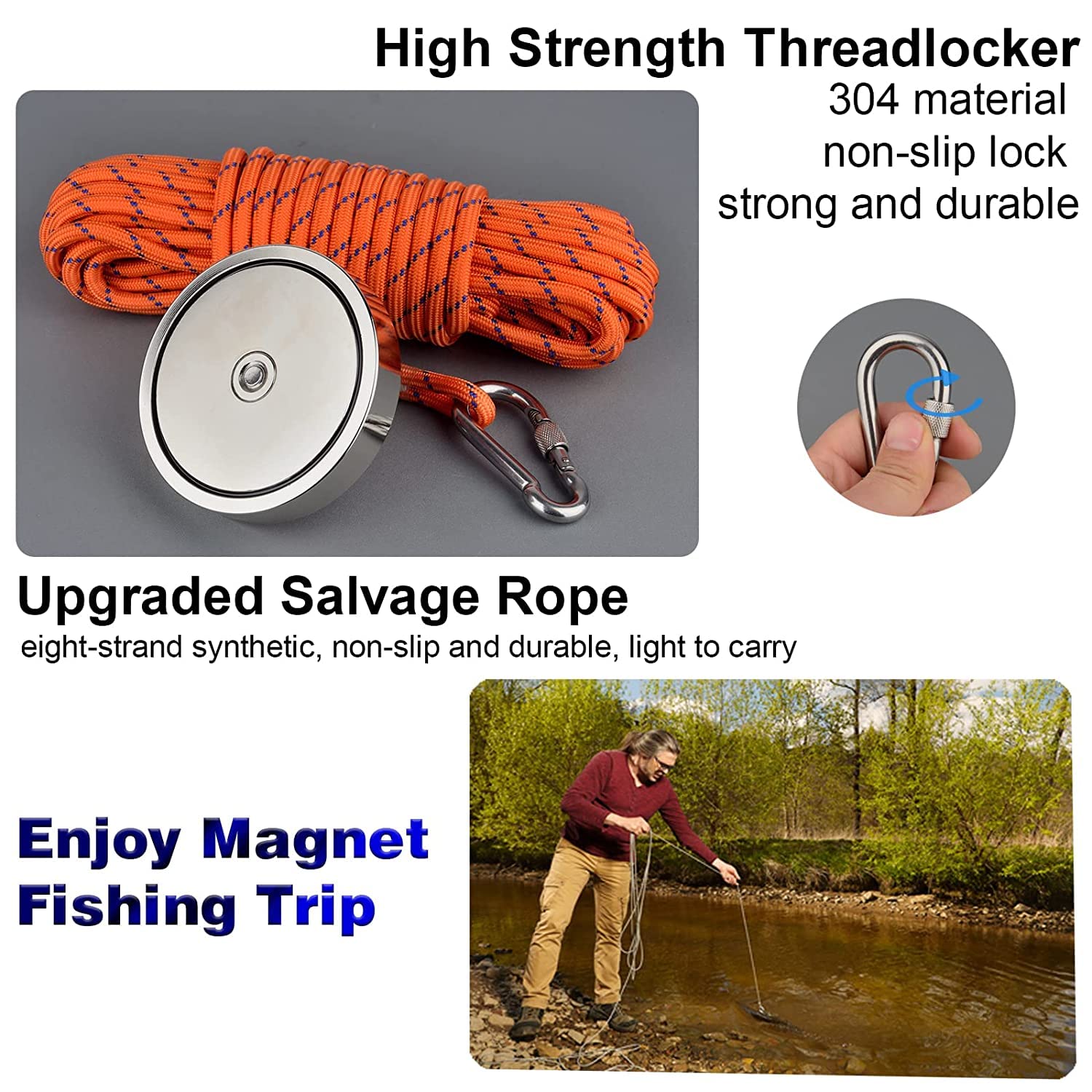 Kit da pesca magnetico 600 kg Forza di trazione verticale magnetica, magnete al neodimio robusto N52 con corda resistente da 15 m, magnetico per recuperare tesori nei fiumi..