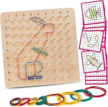 Wooden Geoboard with Pattern Cards & Rubber Bands, Montessori STEM Educational Toy for Kids 3-5 5-8 Years Old, Brain Teaser Puzzle Game for Geometry Learning and Creative Shapes